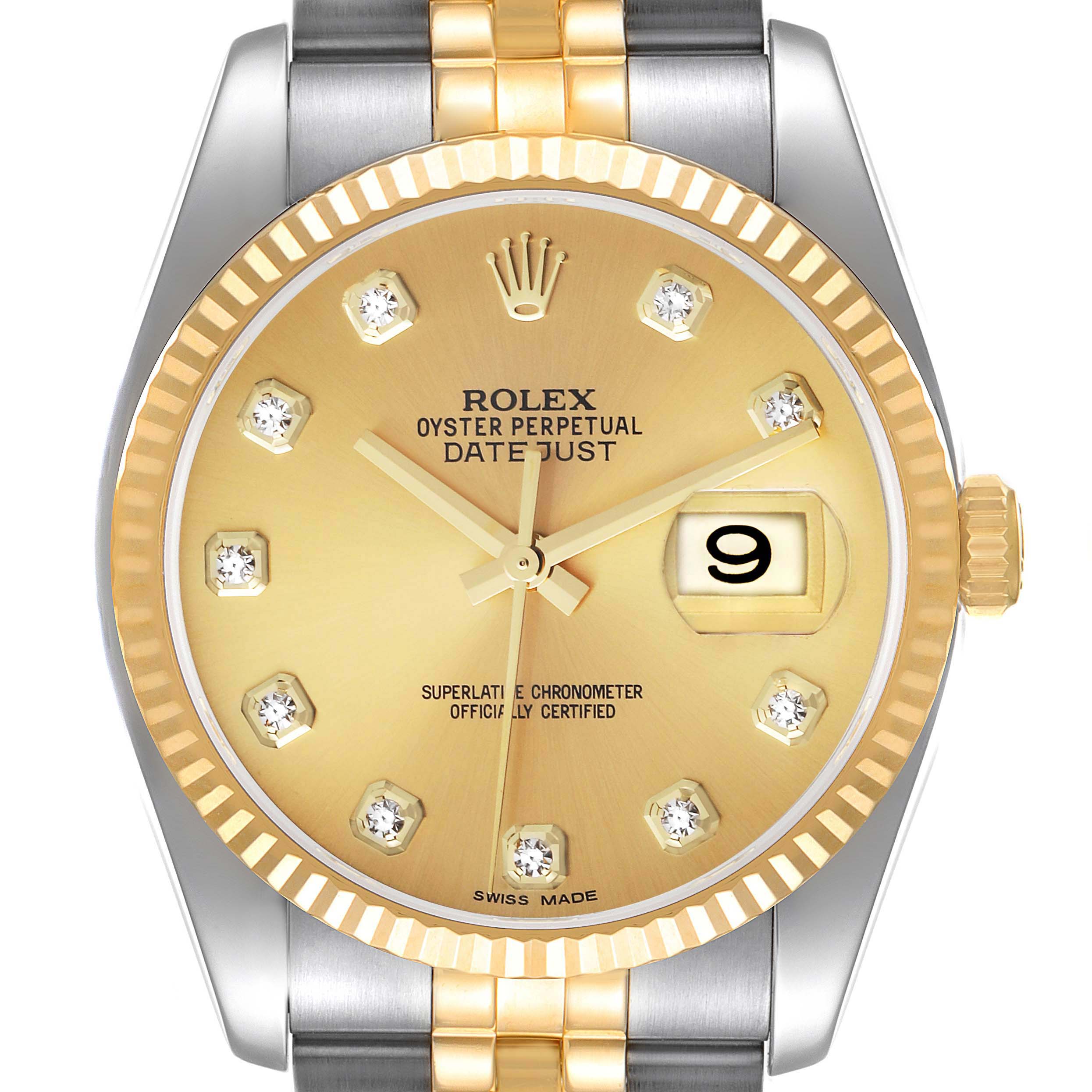 The image shows a close-up of the Rolex Datejust 116233 Men's Steel and Gold (two tone) Champagne Dial 116233 Men's Steel and Gold (two tone) Champagne Dial watch face, bezel, and partial bracelet, highlighting the gold and stainless steel design.