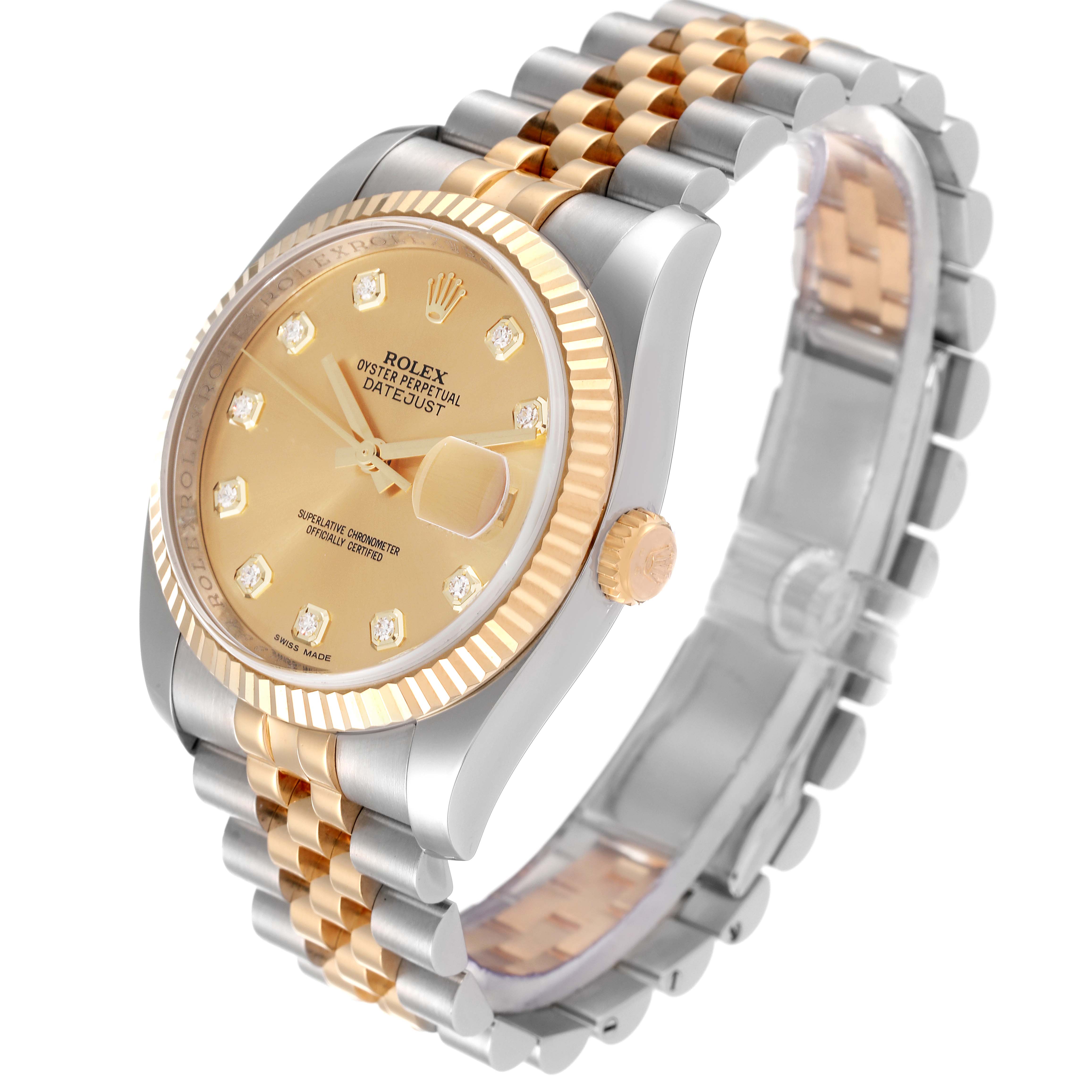 The image shows a Rolex Datejust 116233 Men's Steel and Gold (two tone) Champagne Dial 116233 Men's Steel and Gold (two tone) Champagne Dial watch from an angled view, highlighting the dial, fluted bezel, and two-tone bracelet.