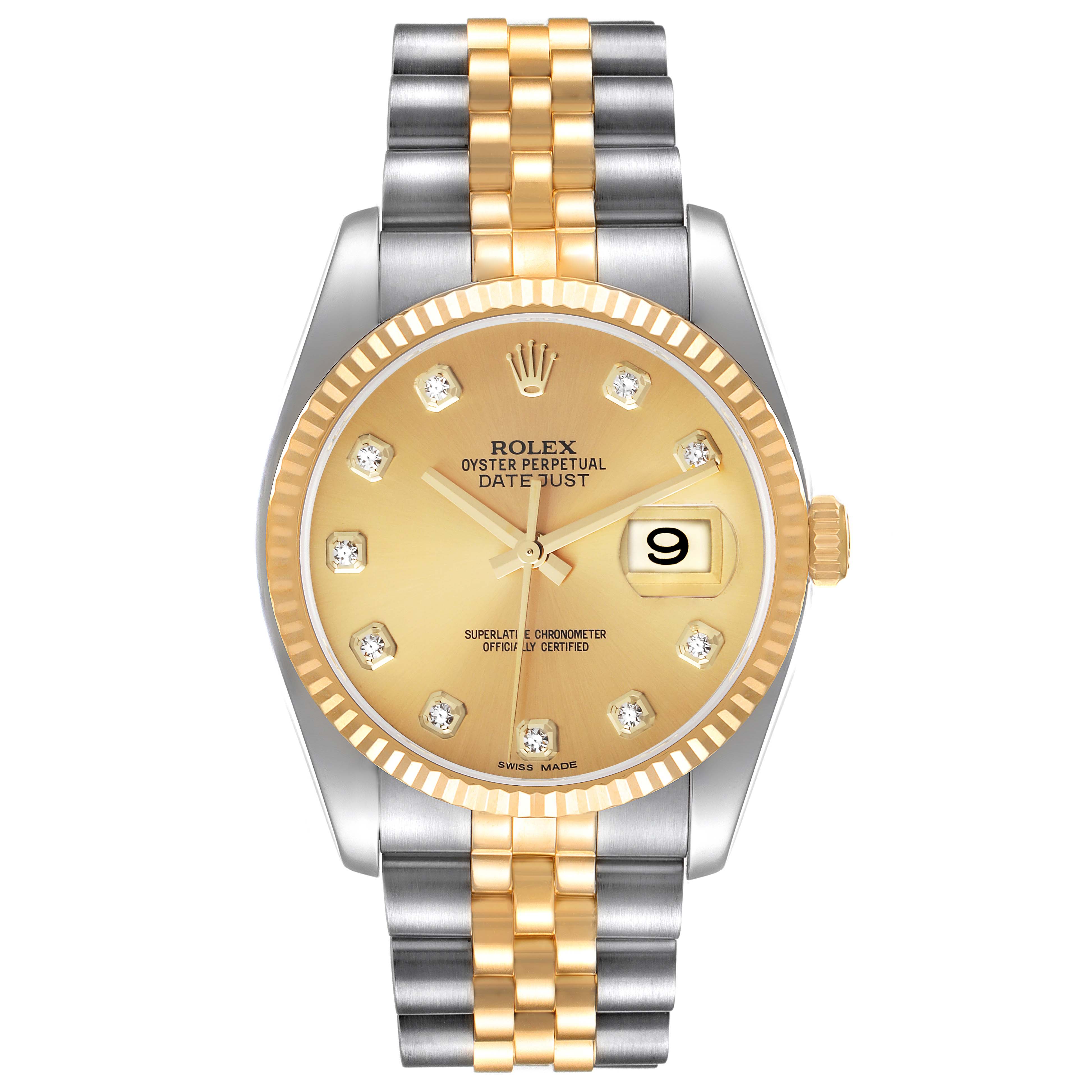 The image shows a front view of a Rolex Datejust 116233 Men's Steel and Gold (two tone) Champagne Dial 116233 Men's Steel and Gold (two tone) Champagne Dial watch, featuring a two-tone strap and a gold dial with diamond hour markers.