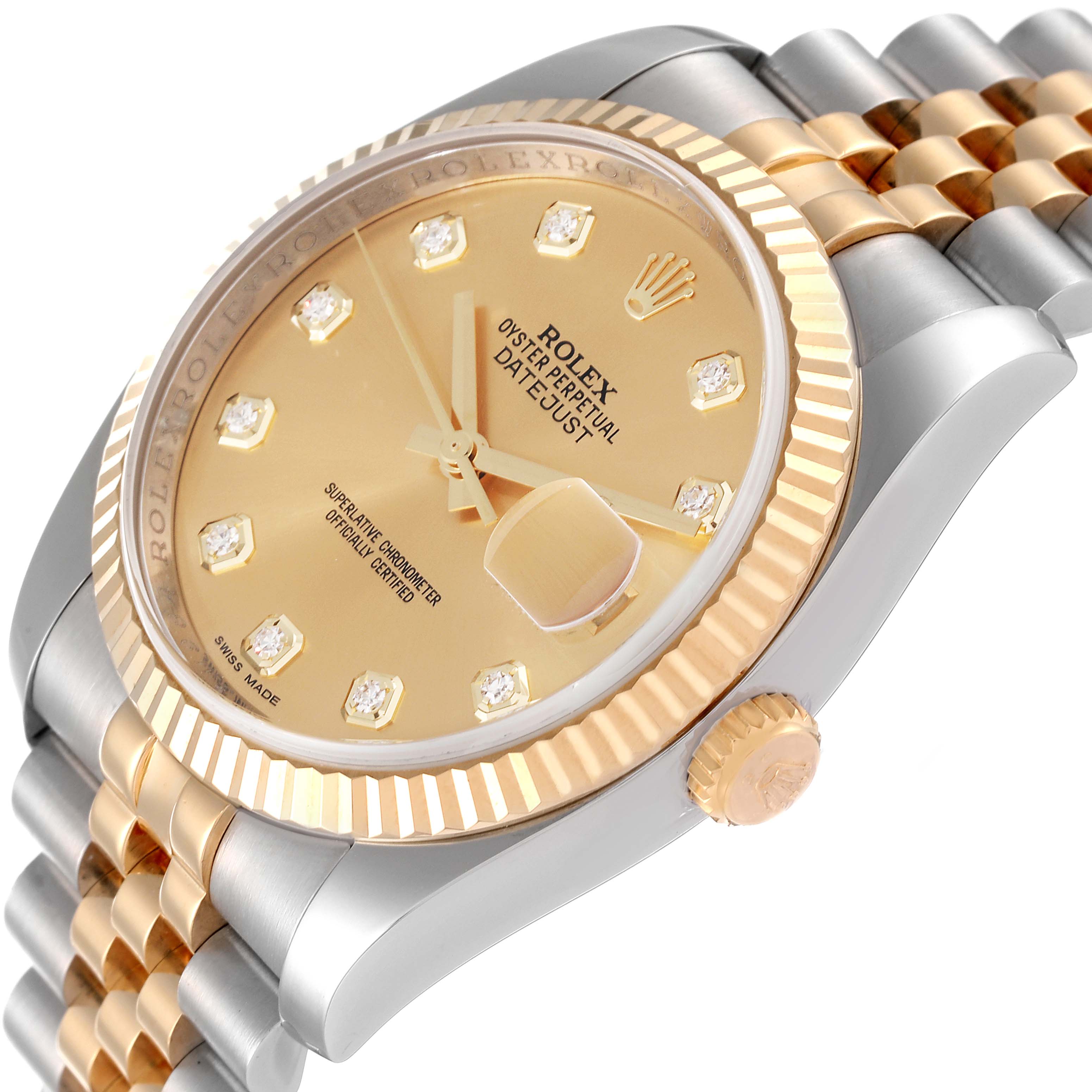 The image shows a side angle of the Rolex Datejust 116233 Men's Steel and Gold (two tone) Champagne Dial 116233 Men's Steel and Gold (two tone) Champagne Dial watch, highlighting its gold and silver bracelet, gold dial, and fluted bezel.