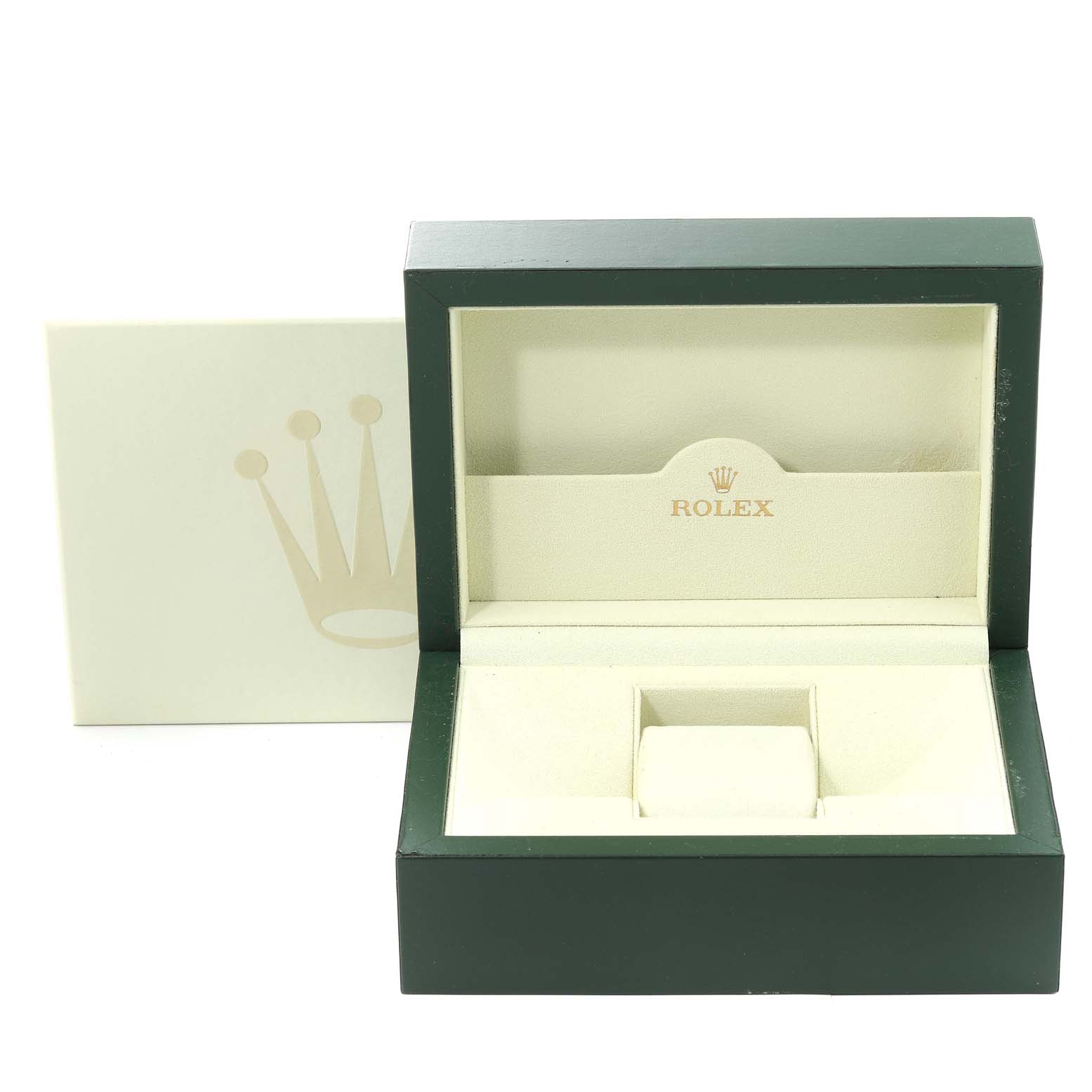 This image shows an open green and cream Rolex box for a Datejust model, with the Rolex logo inside.