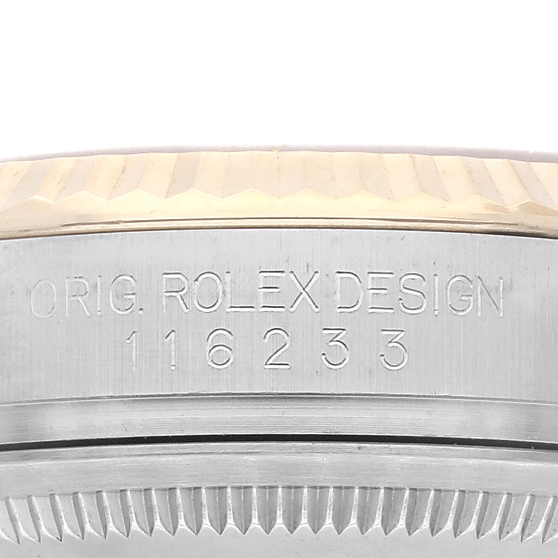 The image shows an engraved side view of a Rolex Datejust 116233 Men's Steel and Gold (two tone) Champagne Dial 116233 Men's Steel and Gold (two tone) Champagne Dial watch case with the text "ORIG. ROLEX DESIGN" and the model number.