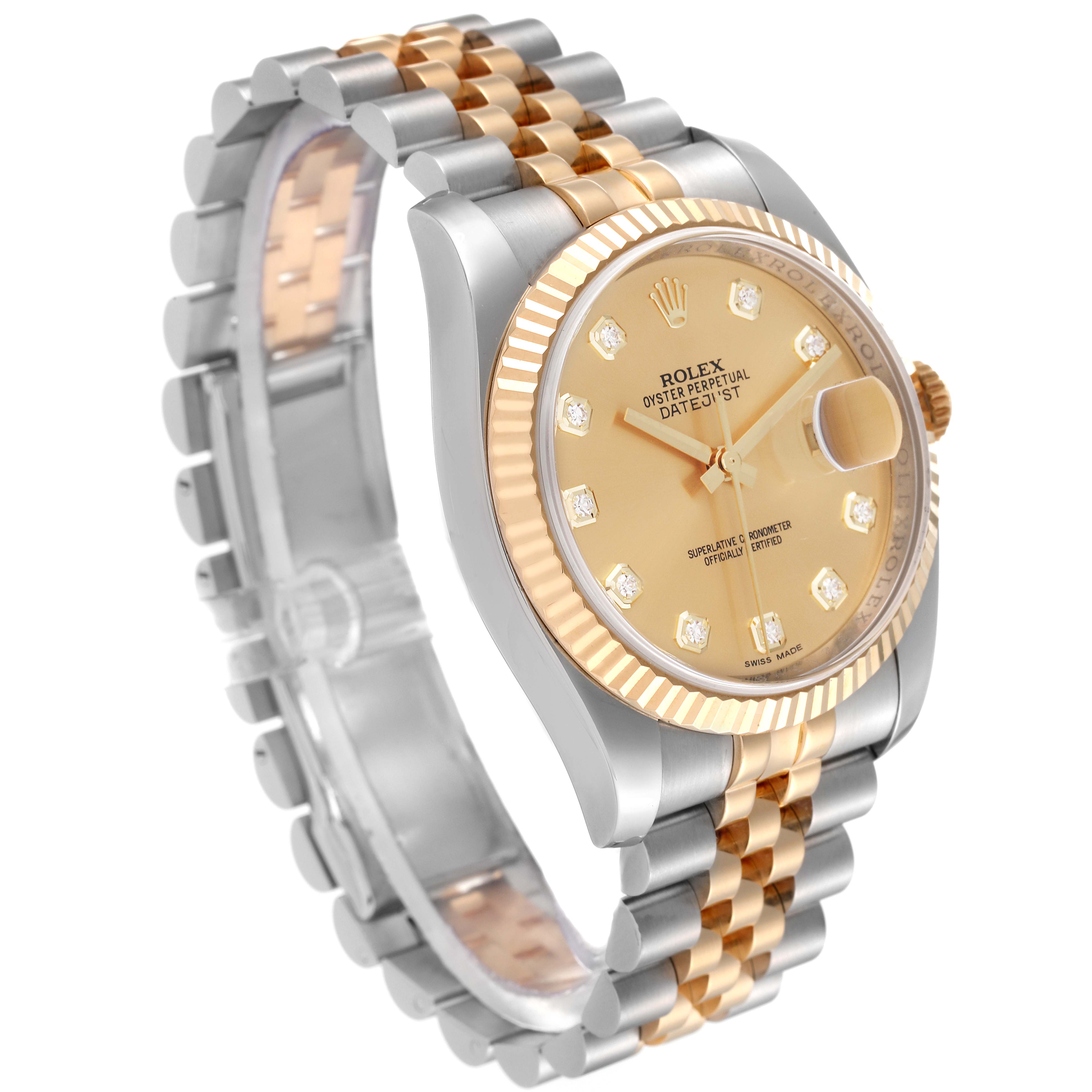 The image shows a Rolex Datejust 116233 Men's Steel and Gold (two tone) Champagne Dial 116233 Men's Steel and Gold (two tone) Champagne Dial watch from a slightly angled side view, highlighting the bracelet, case, dial, and fluted bezel.