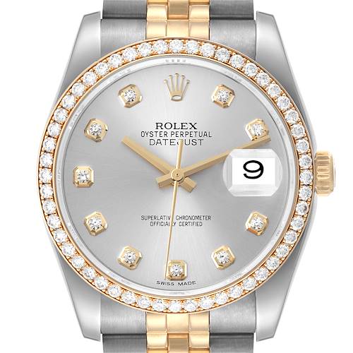 Photo of Rolex Datejust 36 Steel Yellow Gold Silver Dial Diamond Bezel Mens Watch 116243