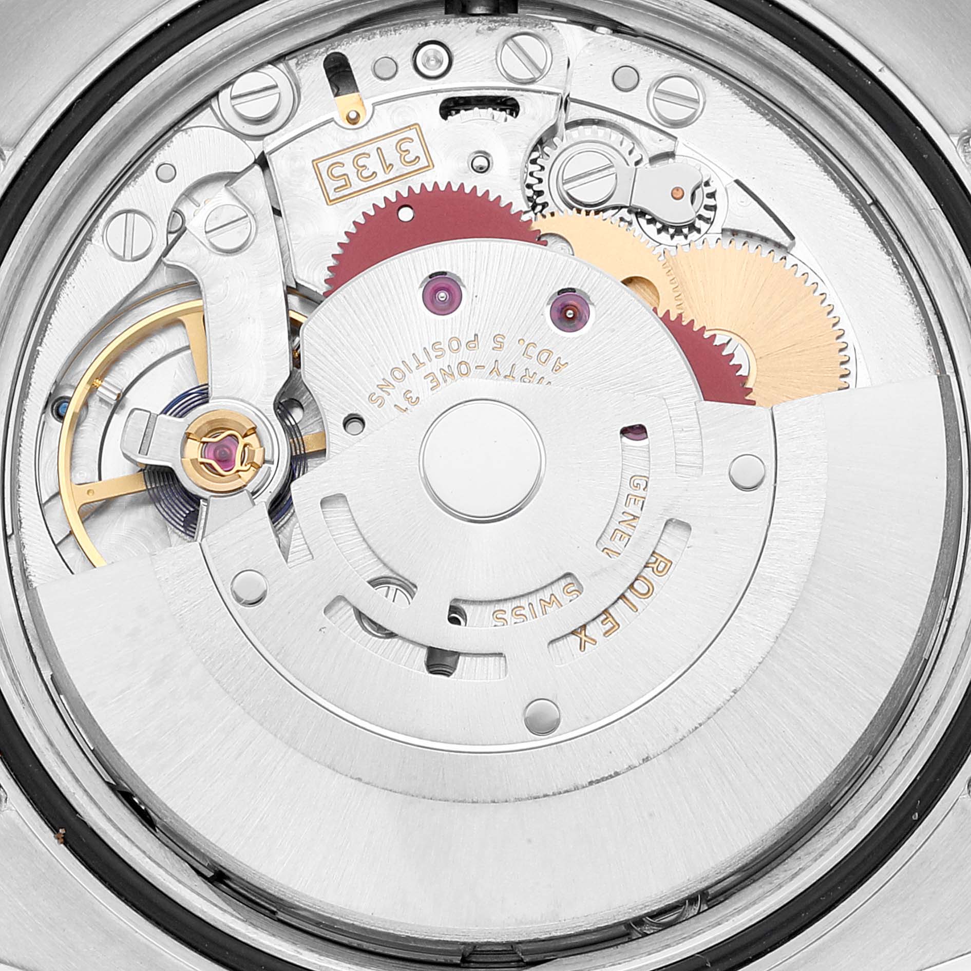 This is an inside view of the Rolex Datejust 116243 Men's Steel and Gold (two tone) Silver Dial 116243 Men's Steel and Gold (two tone) Silver Dial watch showing its intricate mechanical movement and gears.