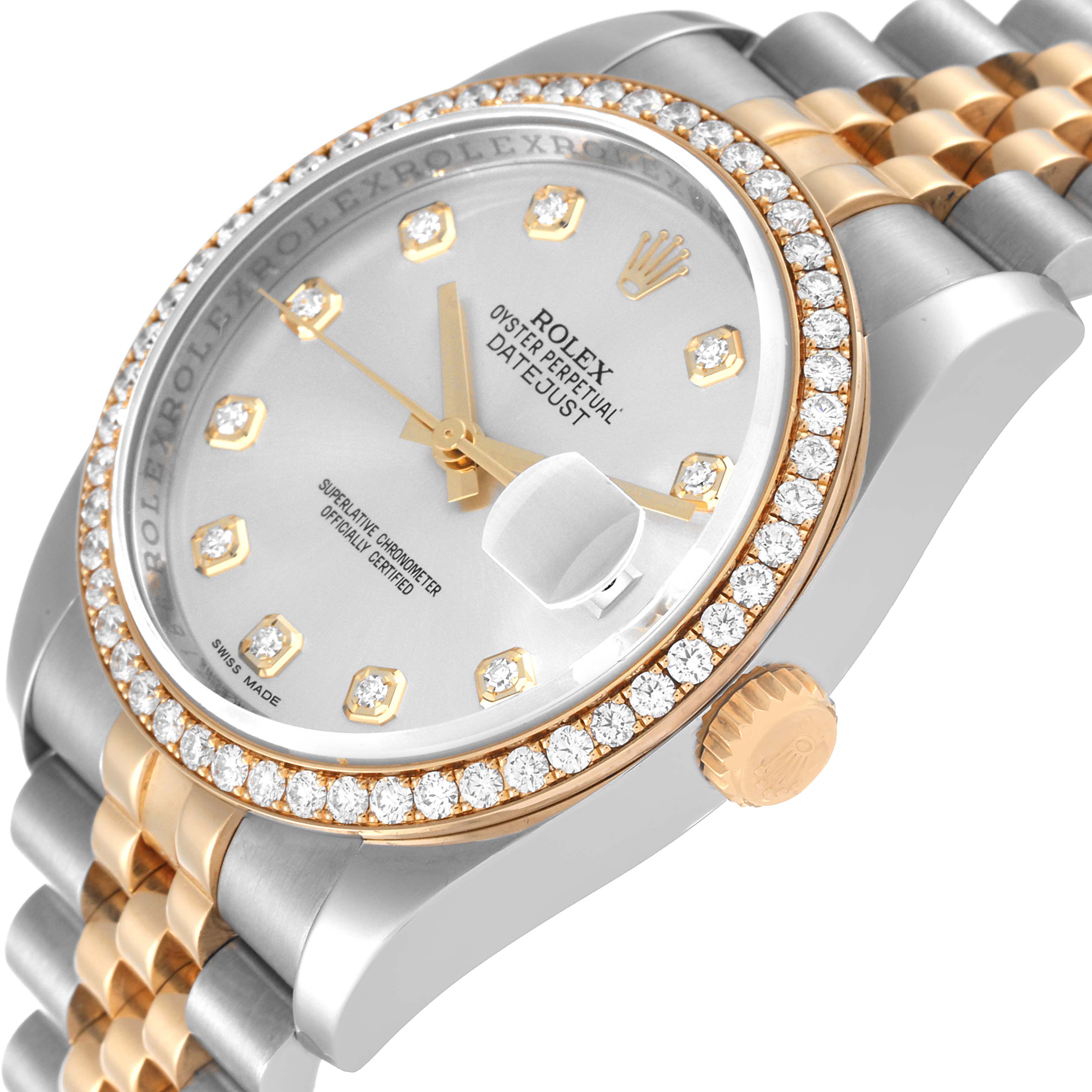 This image shows a close-up angle of the Rolex Datejust 116243 Men's Steel and Gold (two tone) Silver Dial 116243 Men's Steel and Gold (two tone) Silver Dial watch highlighting its dial, diamond-accented bezel, and crown.