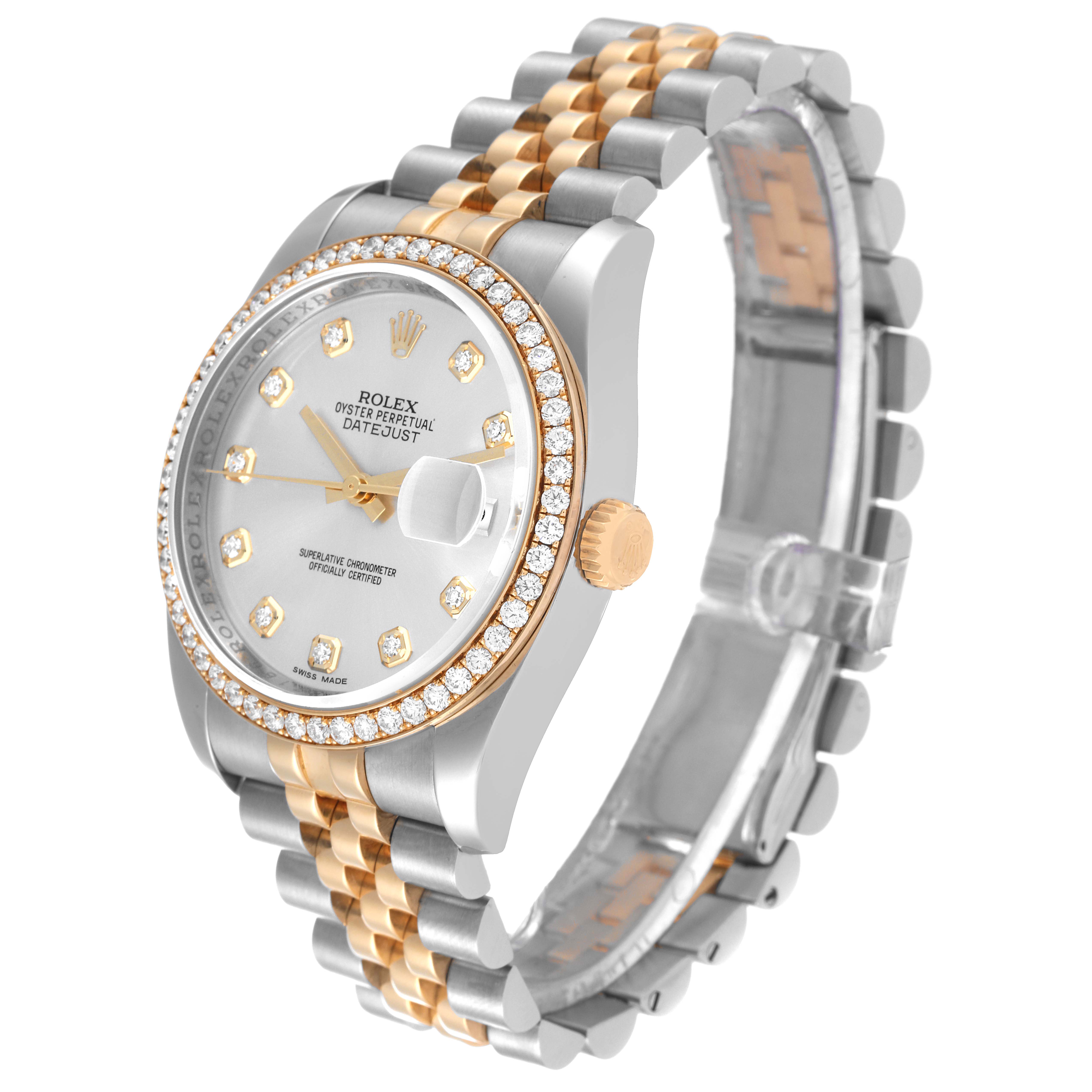 This image shows a Rolex Datejust 116243 Men's Steel and Gold (two tone) Silver Dial 116243 Men's Steel and Gold (two tone) Silver Dial watch from a 45-degree angle, highlighting its dial, bezel, crown, and two-tone bracelet.