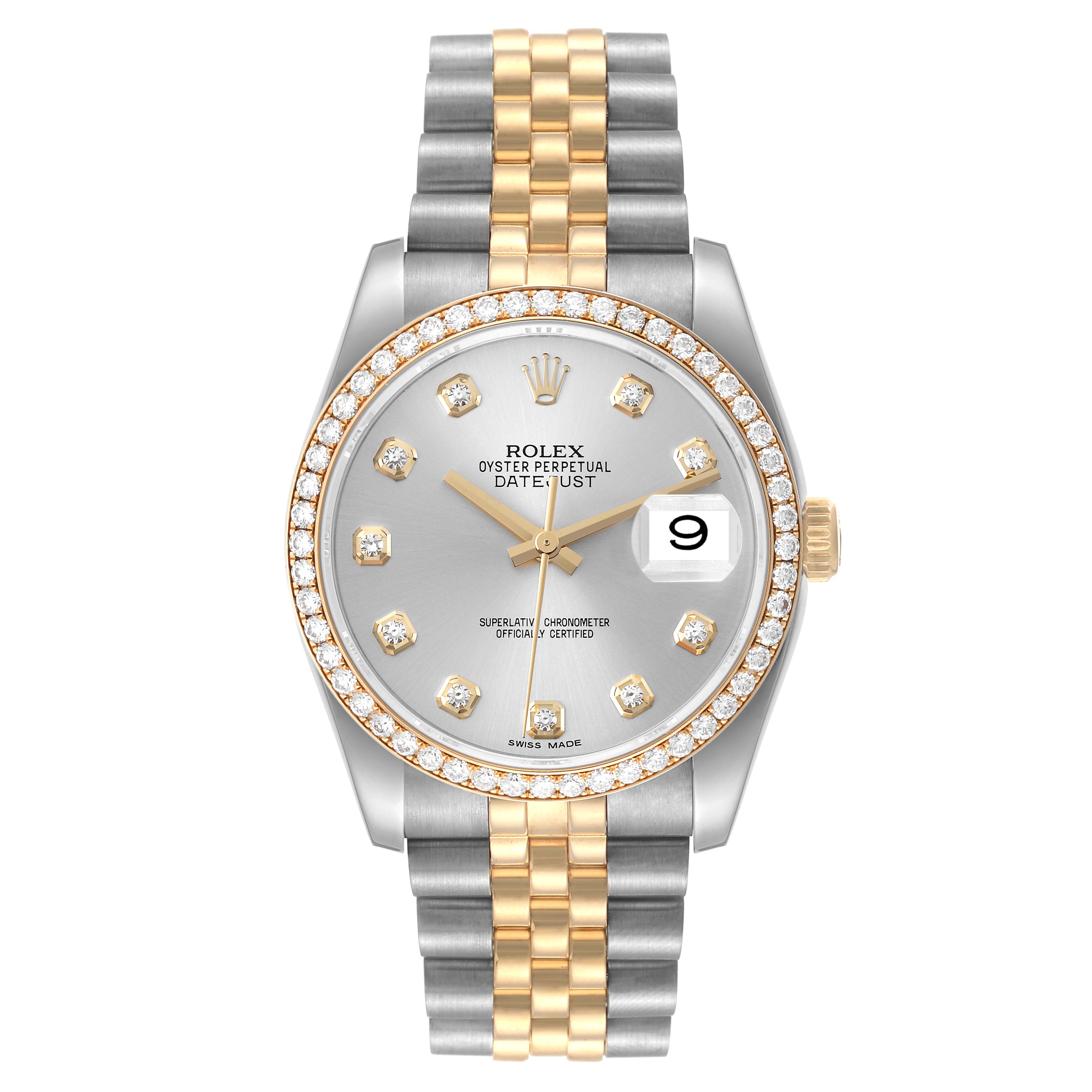 This Rolex Datejust 116243 Men's Steel and Gold (two tone) Silver Dial 116243 Men's Steel and Gold (two tone) Silver Dial watch is shown from a top-down angle, highlighting its face, bezel, dial, bracelet, and crown.