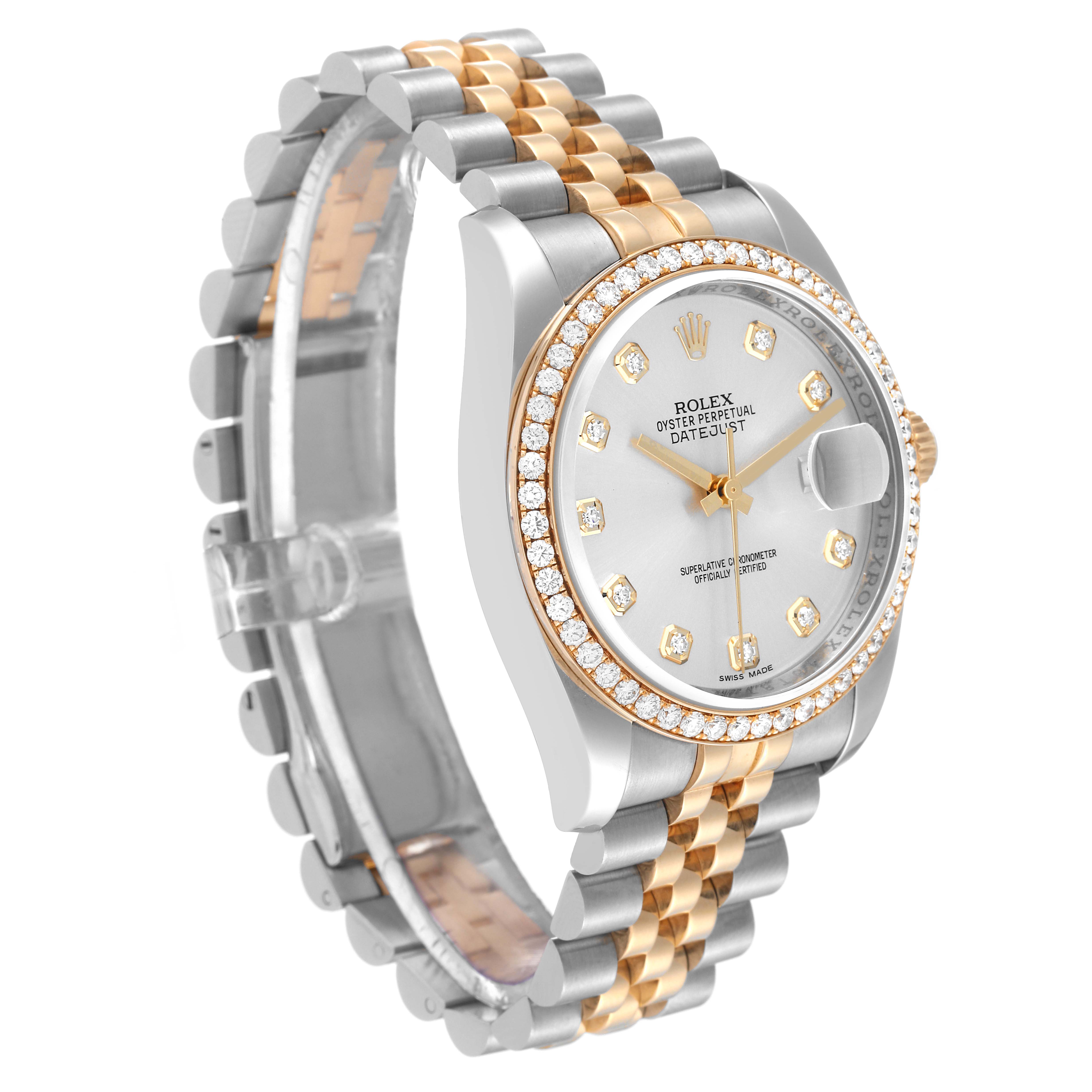 The Rolex Datejust 116243 Men's Steel and Gold (two tone) Silver Dial 116243 Men's Steel and Gold (two tone) Silver Dial watch is shown at a three-quarter angle, displaying the face, bezel, and part of the Jubilee bracelet.