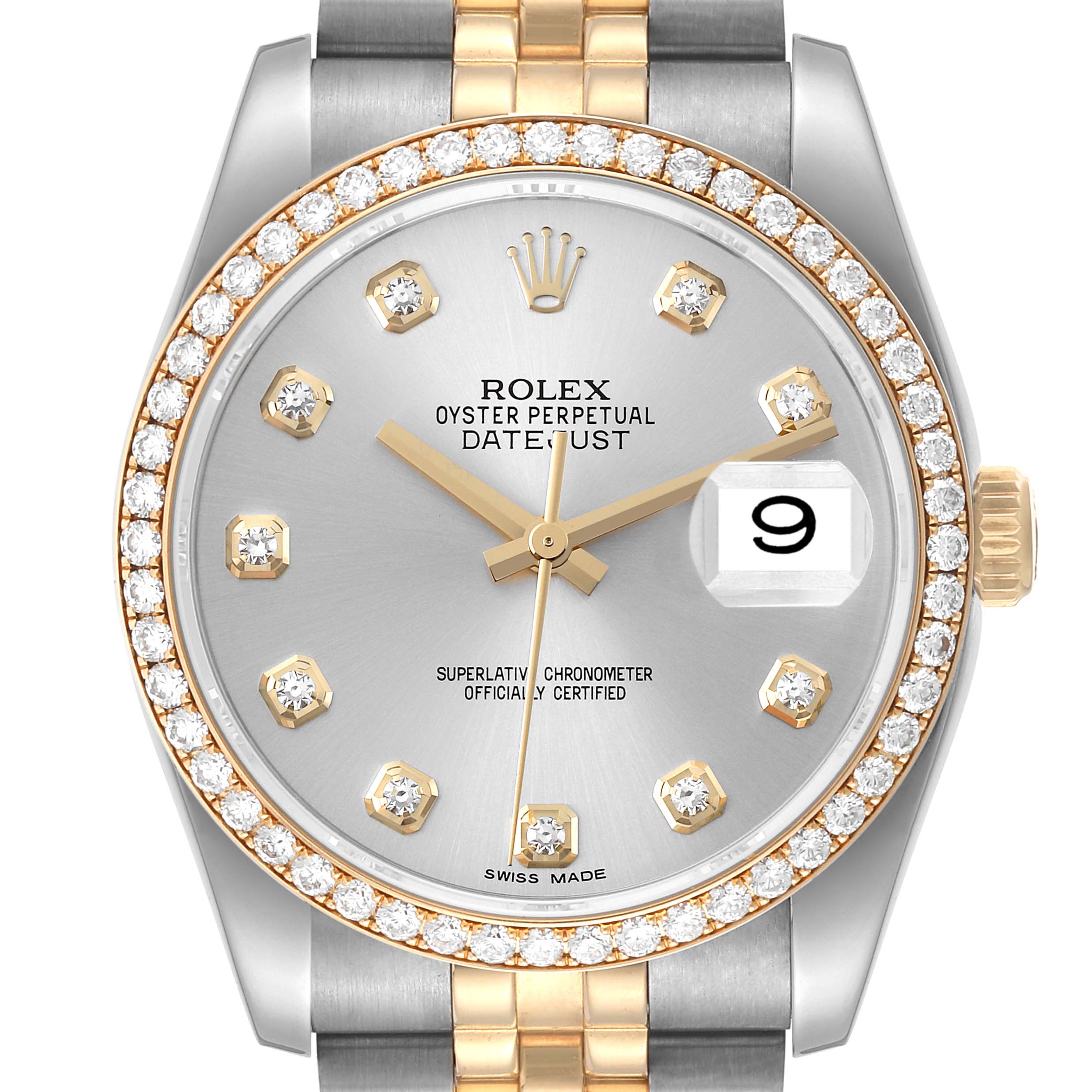 The image shows a front view of a Rolex Datejust 116243 Men's Steel and Gold (two tone) Silver Dial 116243 Men's Steel and Gold (two tone) Silver Dial watch, highlighting its diamond-set bezel, silver dial, and two-tone bracelet.