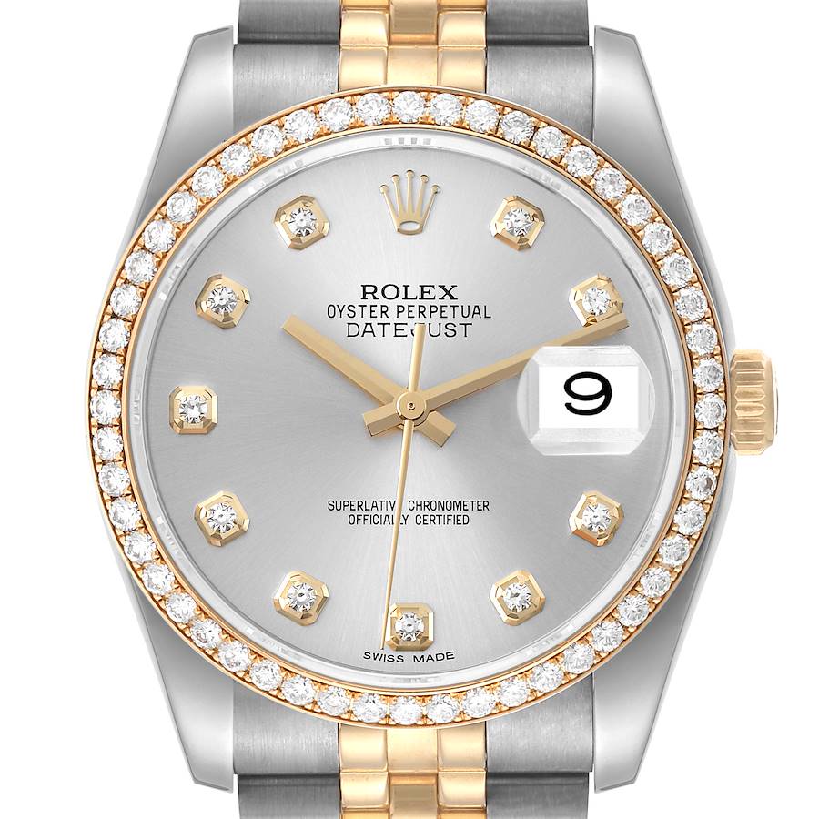 Rolex Datejust 36 Steel Yellow Gold Silver Dial Diamond Bezel Mens Watch 116243 SwissWatchExpo