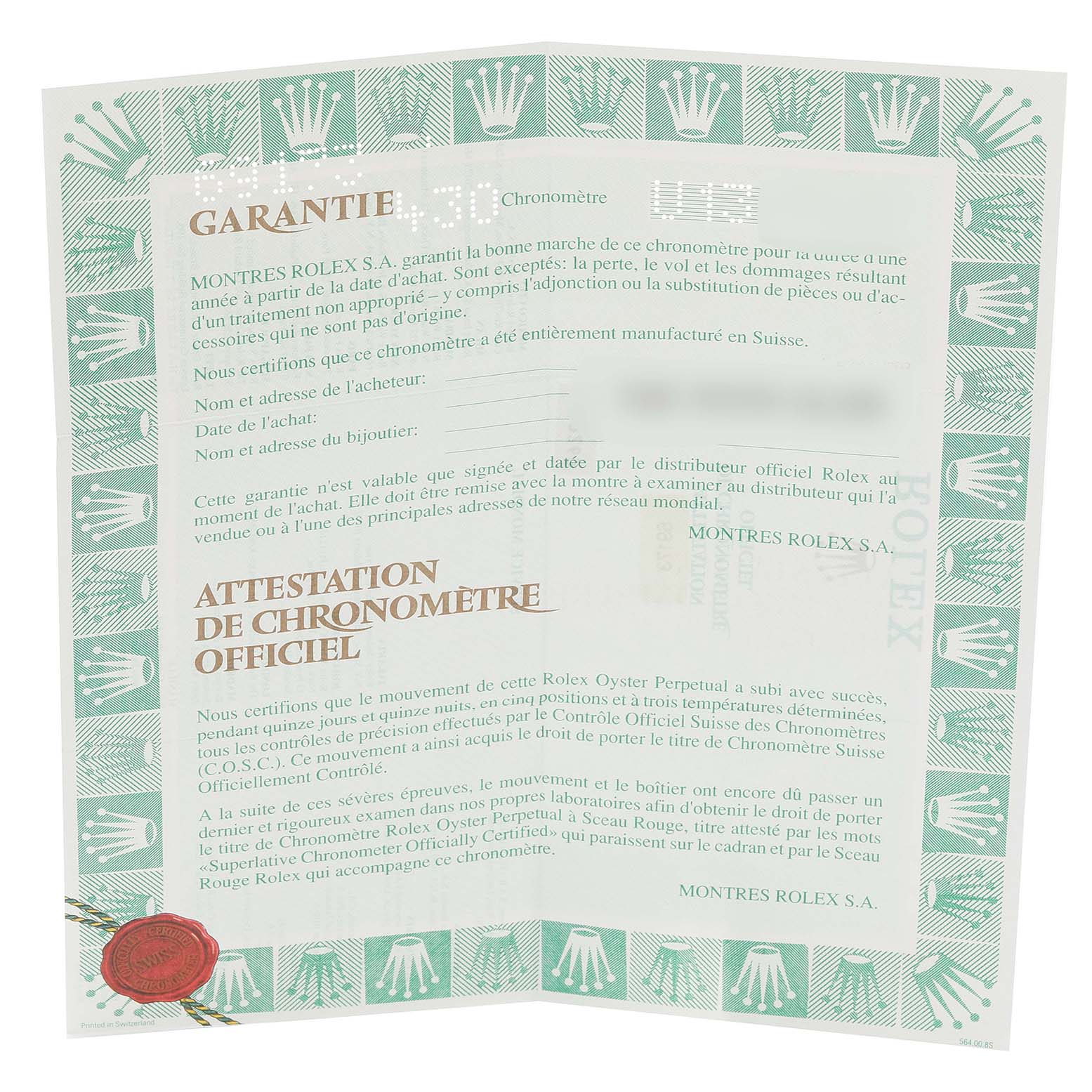 The image shows a folded warranty and certification paper for a Rolex Datejust 69173 Women's Steel and Gold (two tone) Blue Dial 69173 Women's Steel and Gold (two tone) Blue Dial model.