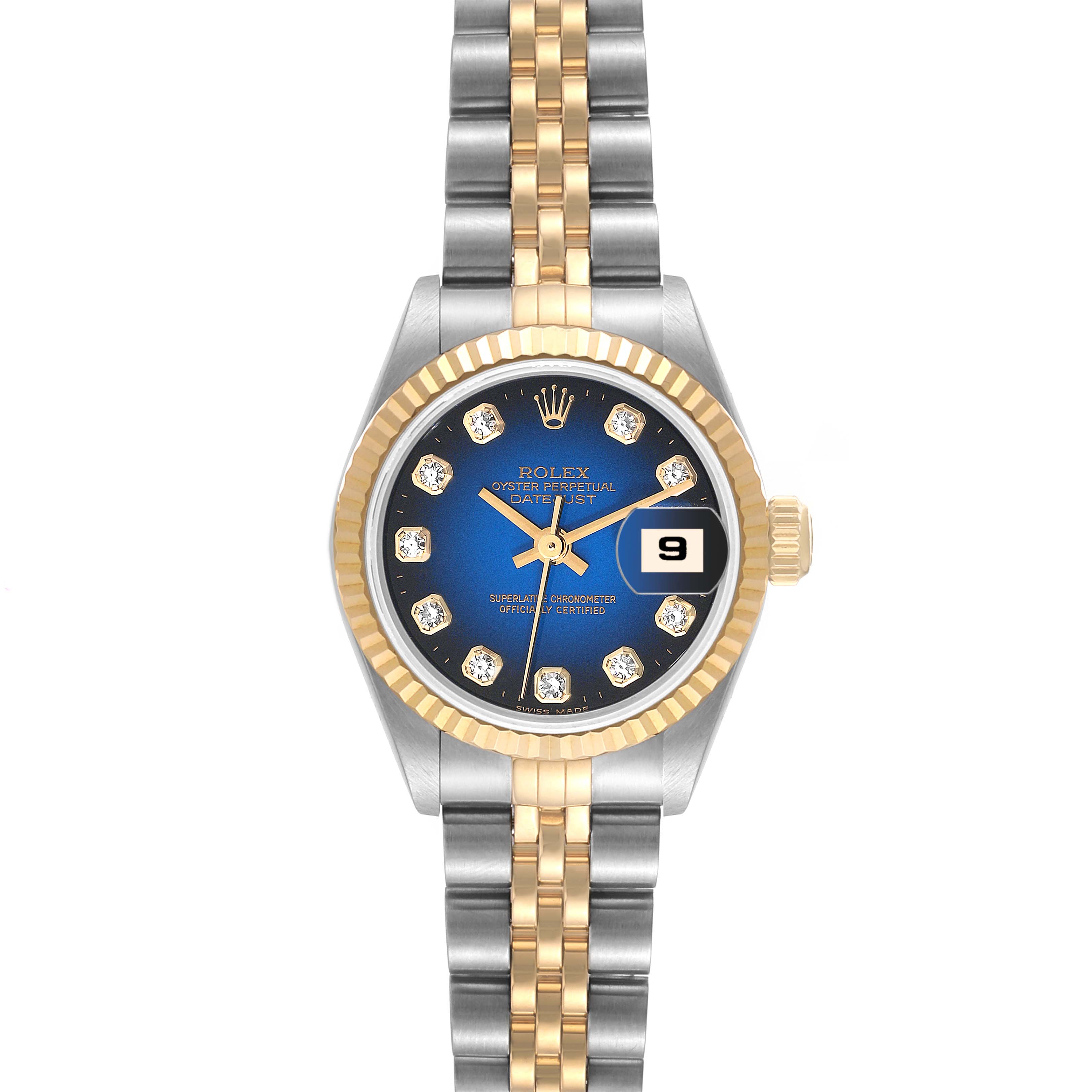 This image shows a front view of the Rolex Datejust 69173 Women's Steel and Gold (two tone) Blue Dial 69173 Women's Steel and Gold (two tone) Blue Dial watch, highlighting its dial, bezel, crown, and bracelet.
