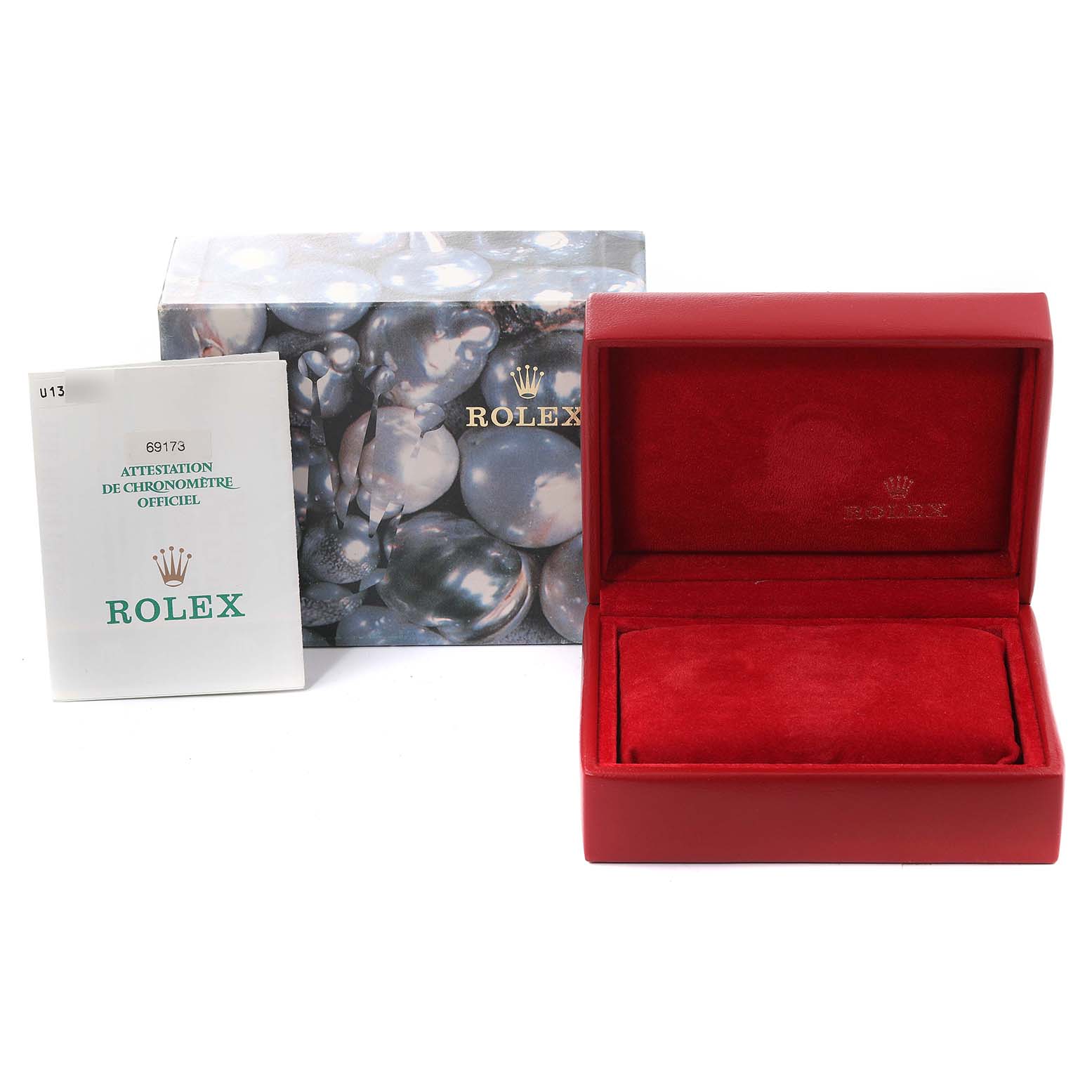 The image shows the packaging, user manual, and empty red watch box for a Rolex Datejust 69173 Women's Steel and Gold (two tone) Blue Dial 69173 Women's Steel and Gold (two tone) Blue Dial model.