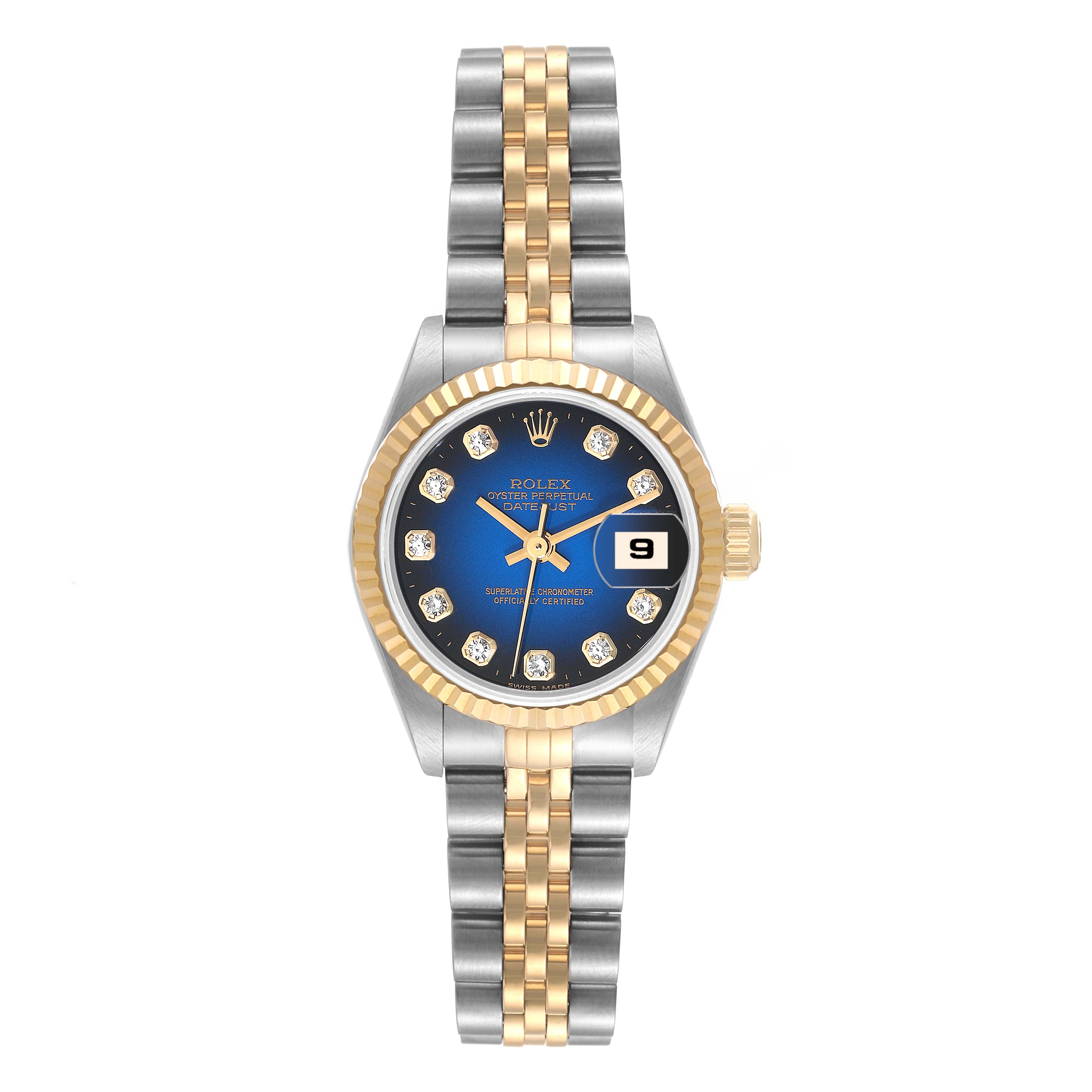 The image shows a front view of a Rolex Datejust 69173 Women's Steel and Gold (two tone) Blue Dial 69173 Women's Steel and Gold (two tone) Blue Dial watch featuring a two-tone bracelet, fluted bezel, and diamond indices.