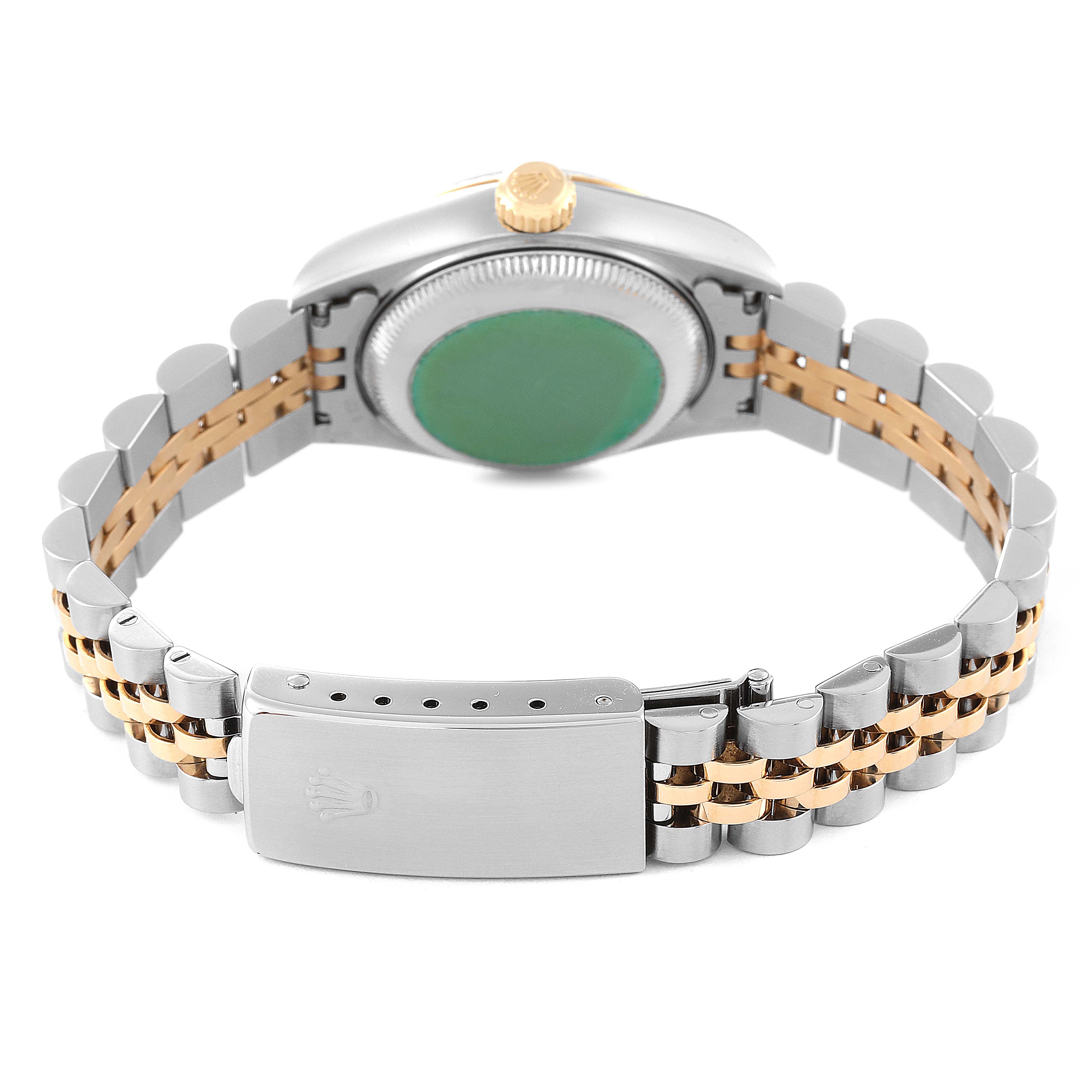 This image shows the back side and bracelet of the Rolex Datejust 69173 Women's Steel and Gold (two tone) Blue Dial 69173 Women's Steel and Gold (two tone) Blue Dial watch, including the clasp and the case back.