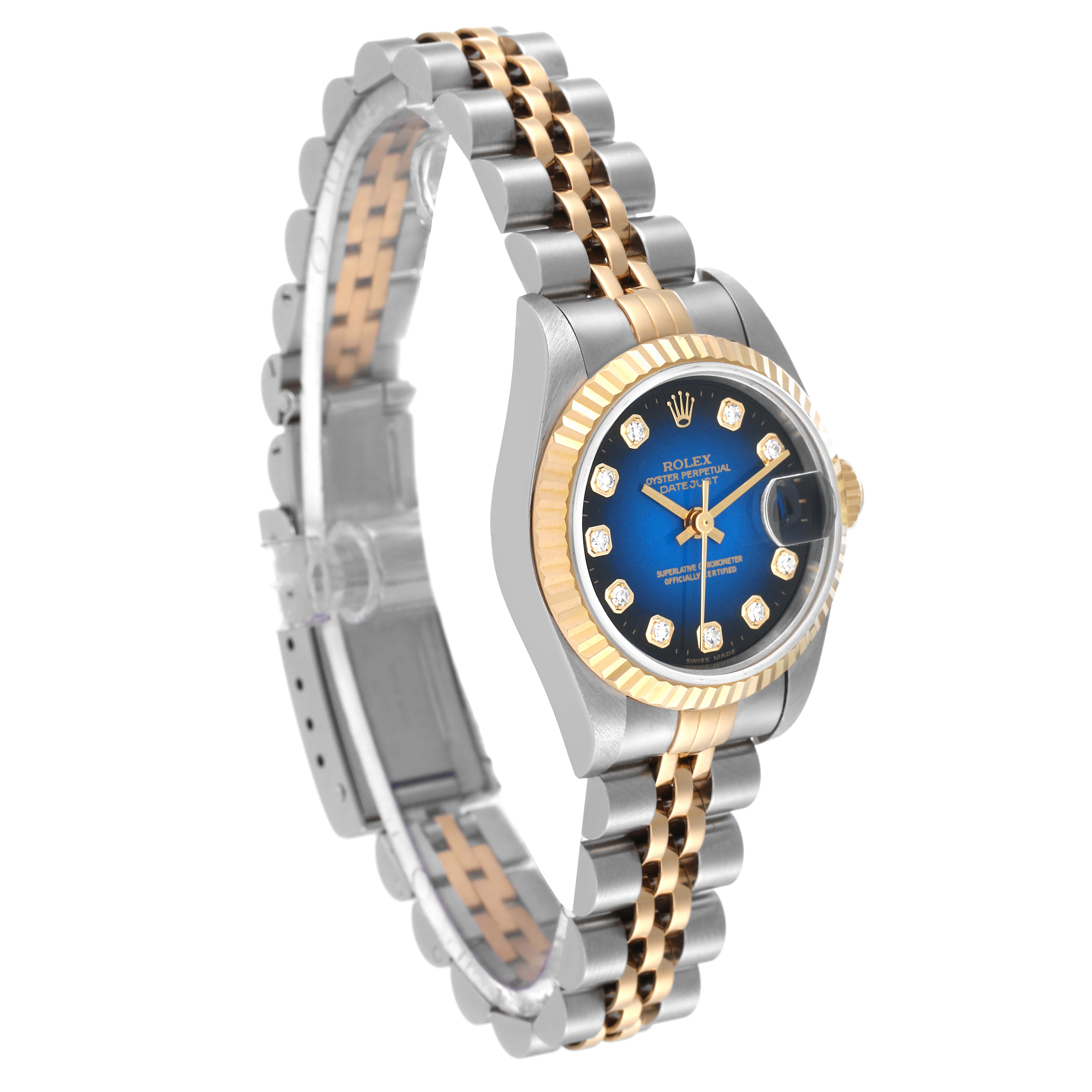 This Rolex Datejust 69173 Women's Steel and Gold (two tone) Blue Dial 69173 Women's Steel and Gold (two tone) Blue Dial watch is shown at an oblique angle, highlighting the bracelet, bezel, and dial.