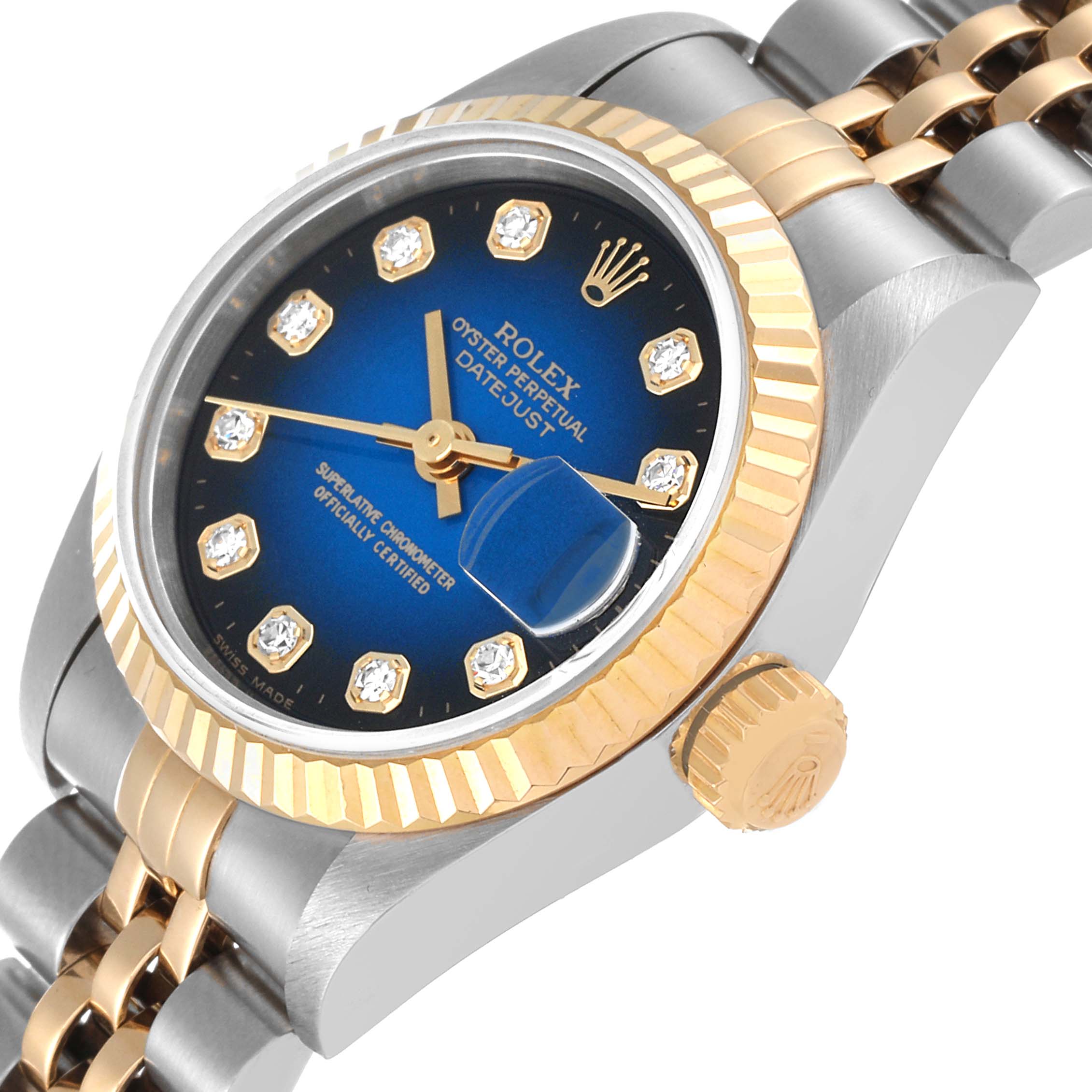 This image shows a close-up angled view of the case, dial, bezel, and crown of a Rolex Datejust 69173 Women's Steel and Gold (two tone) Blue Dial 69173 Women's Steel and Gold (two tone) Blue Dial watch.