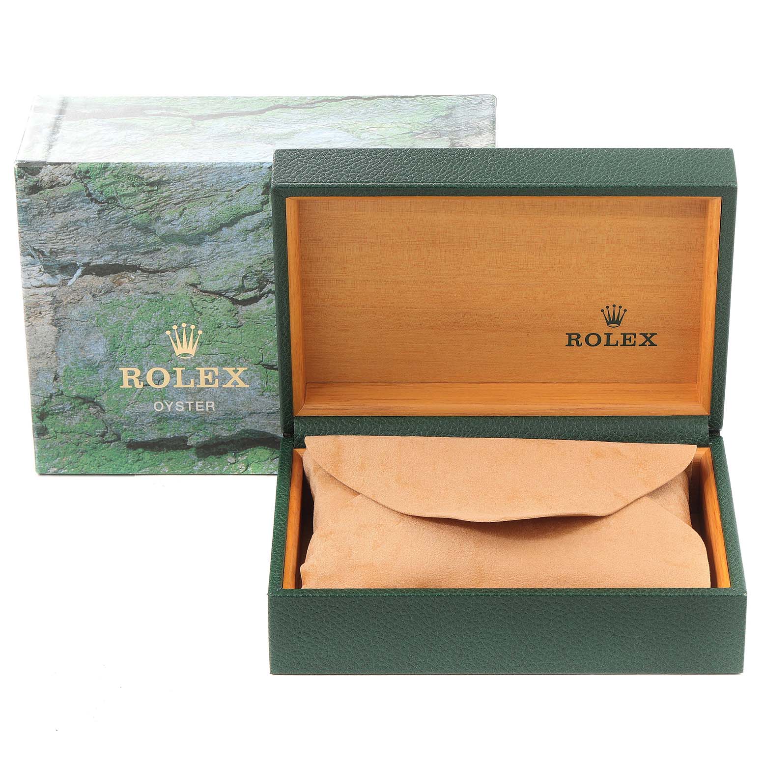 This image shows an open green Rolex Oyster watch box with a wooden interior and a beige pouch, along with its outer packaging.