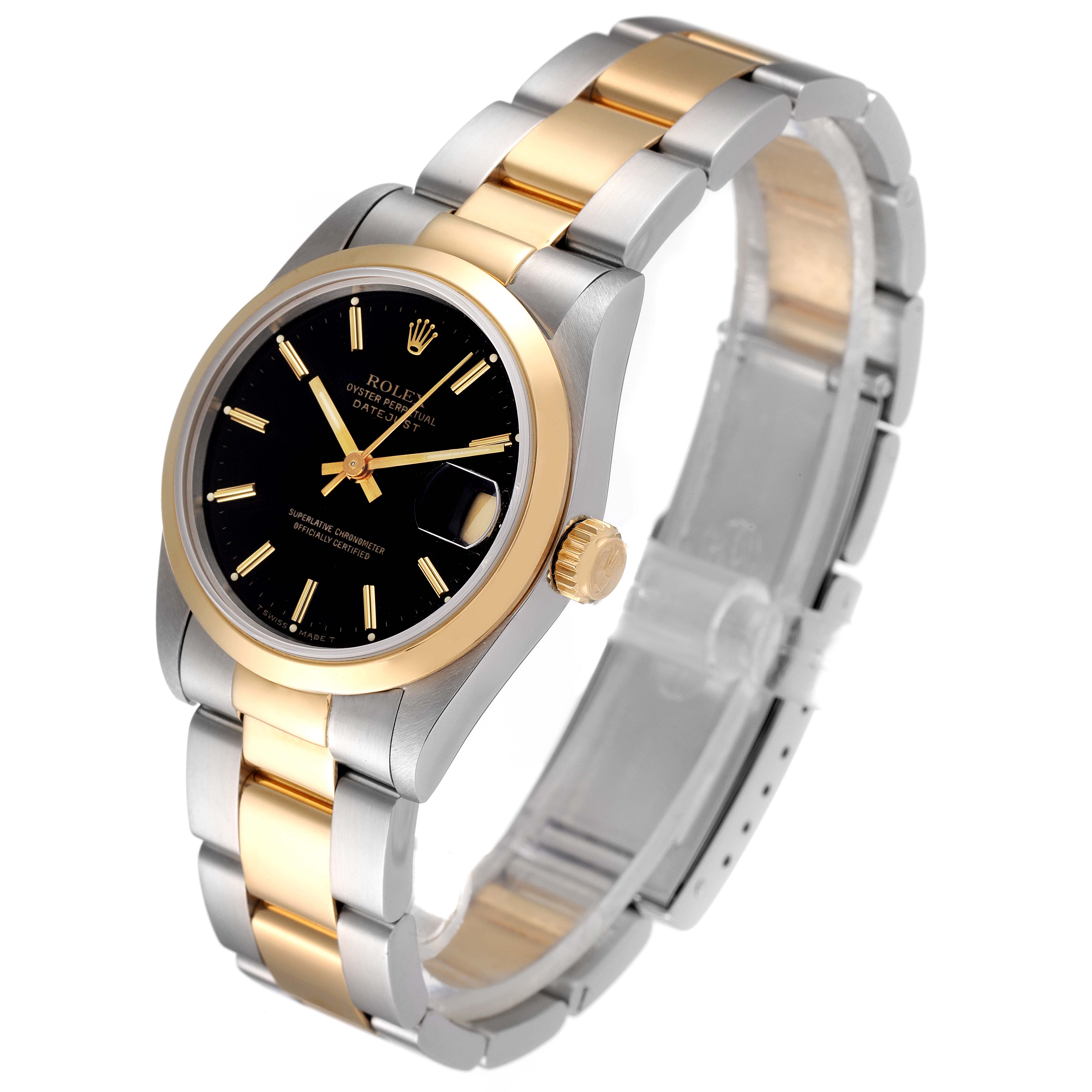 This Rolex Mid-Size 68243 Women
s Steel and Gold (two tone) Black Dial 68243 Women
s Steel and Gold (two tone) Black Dial watch is shown from an angled front view, highlighting its black dial, two-tone bracelet, and golden bezel.