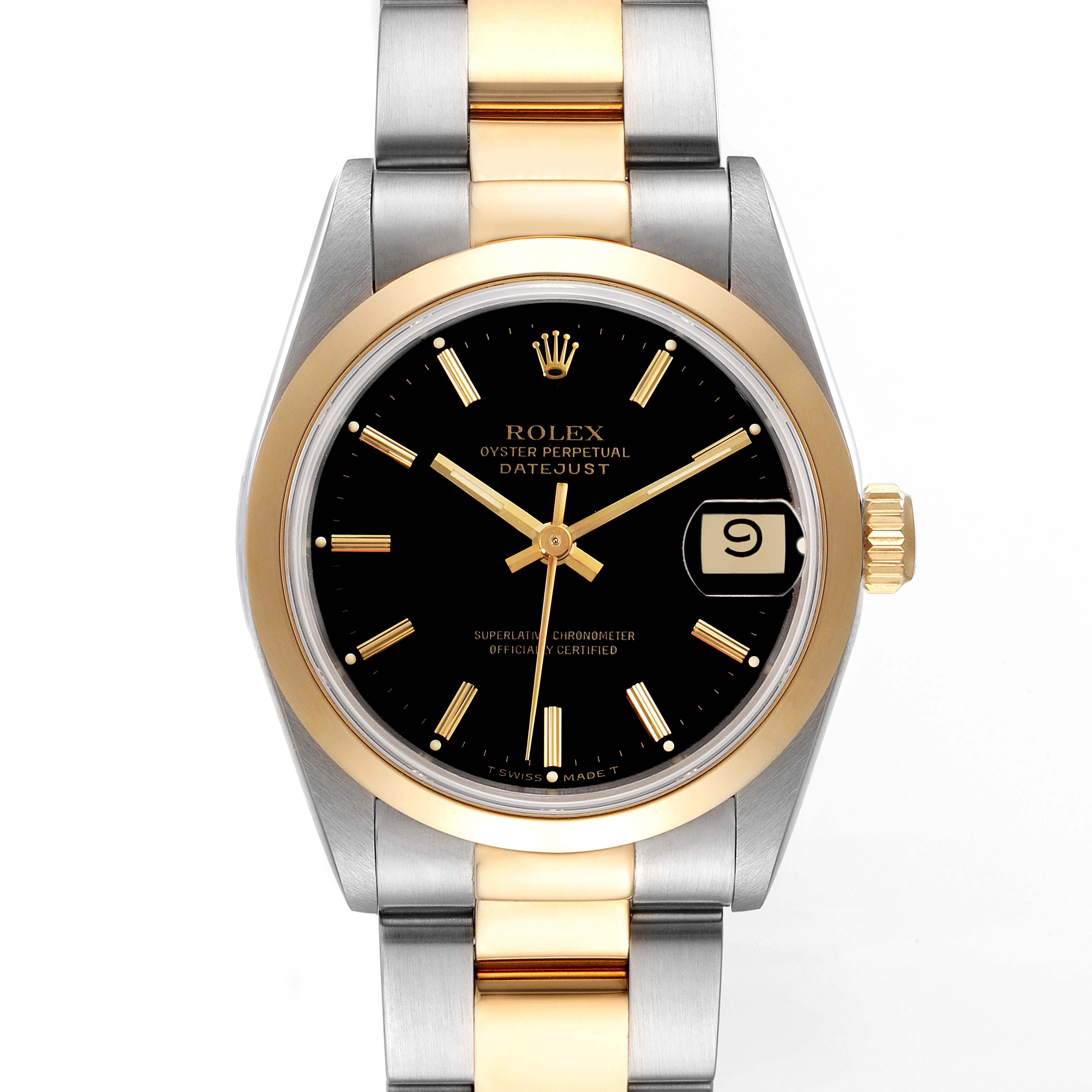 The image shows a front view of a Rolex Mid-Size 68243 Women
s Steel and Gold (two tone) Black Dial 68243 Women
s Steel and Gold (two tone) Black Dial Oyster Perpetual Datejust watch with a two-tone bracelet and black dial.