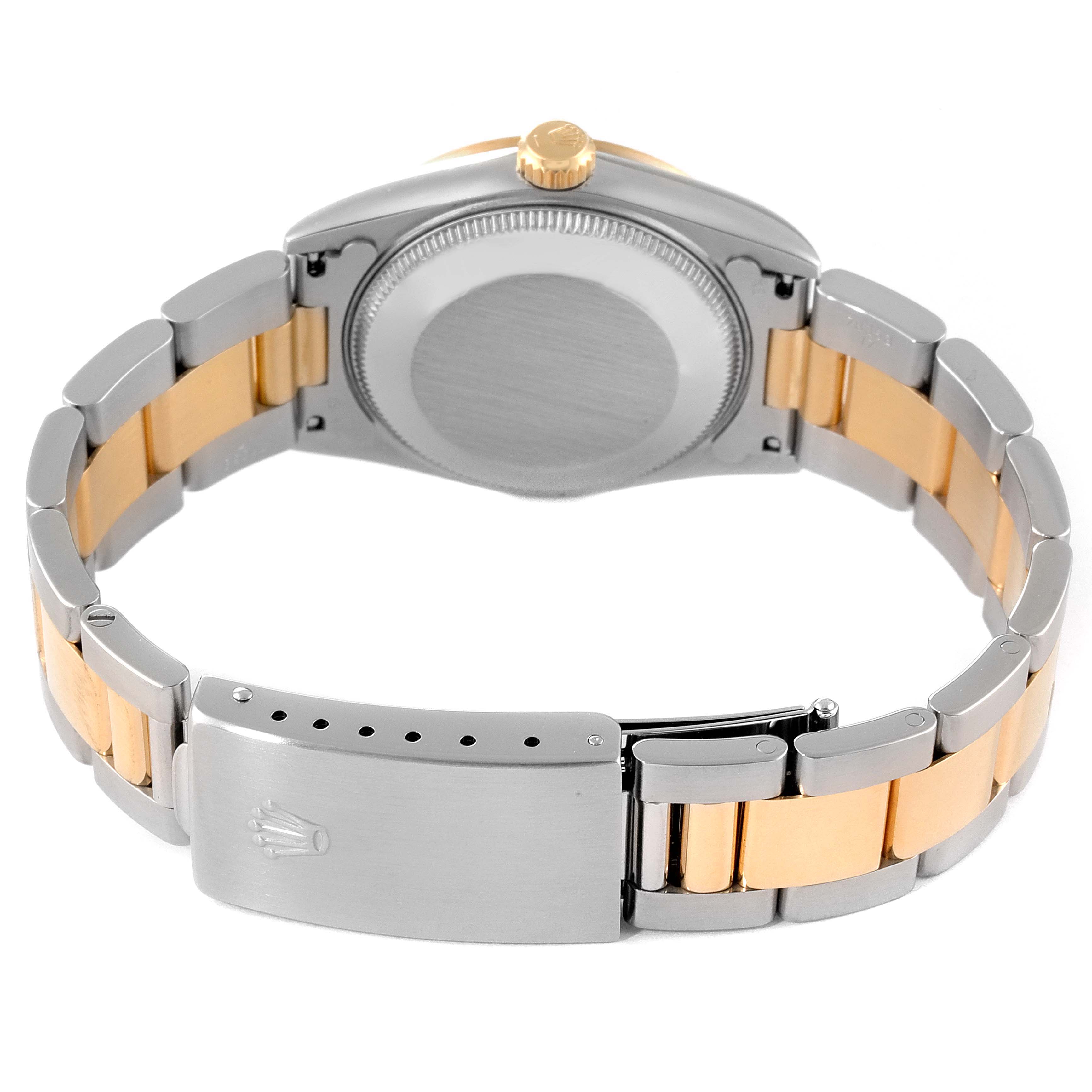 This image shows the back of a Mid-Size Rolex watch, highlighting the bracelet, clasp, and case back.