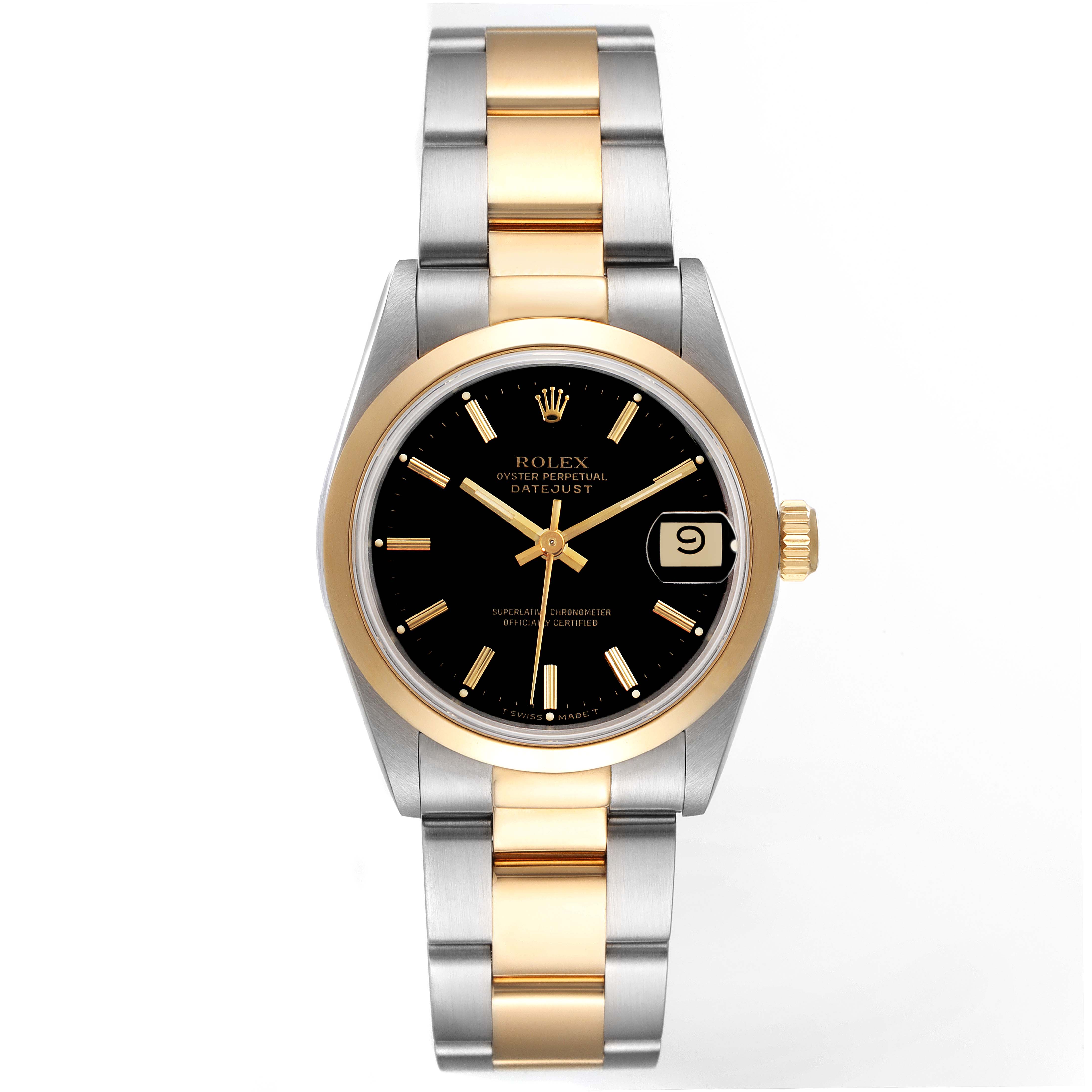 The image shows a front view of the Rolex Oyster Perpetual Datejust Mid-Size watch, highlighting the dial, bezel, and bracelet.