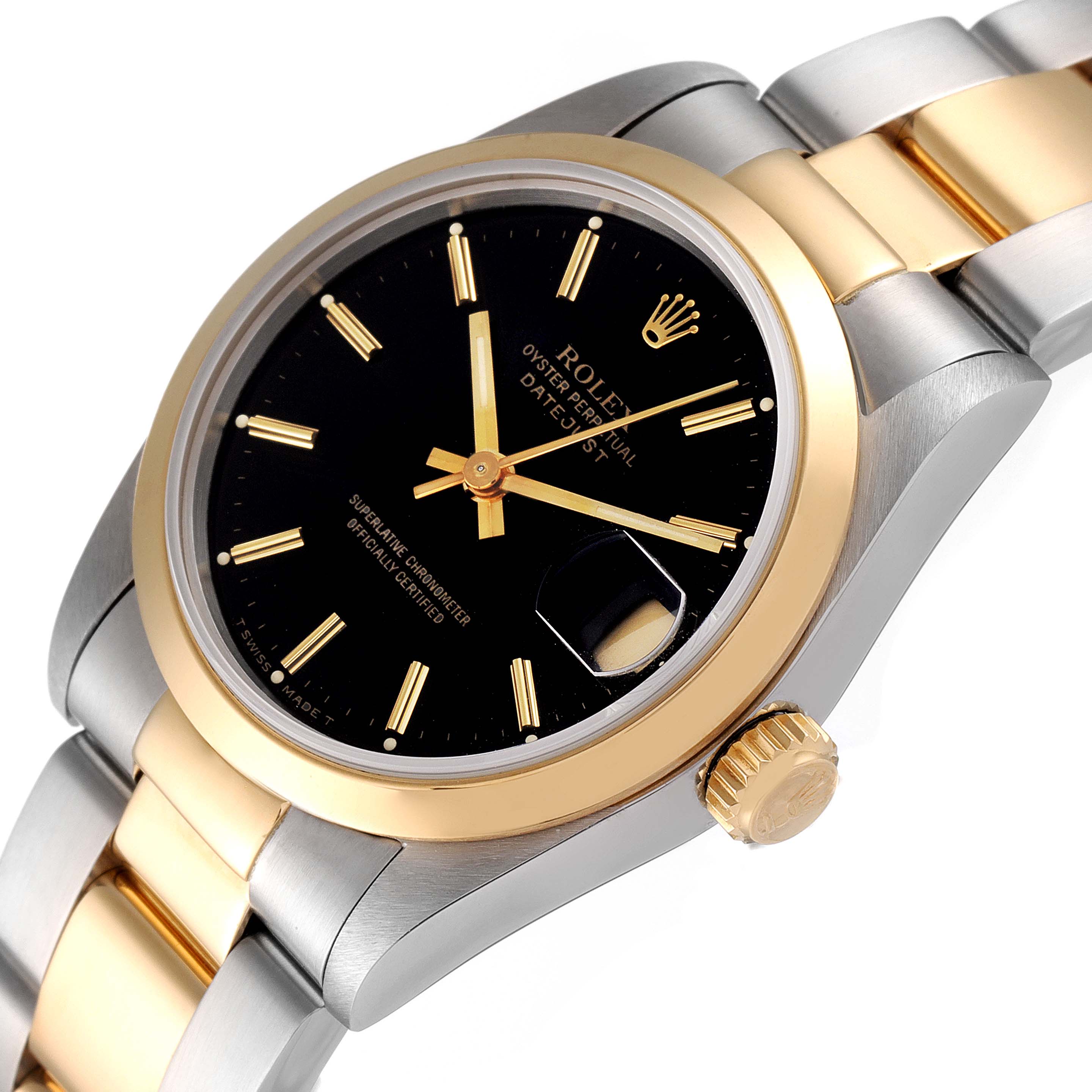 The Rolex Mid-Size 68243 Women
s Steel and Gold (two tone) Black Dial 68243 Women
s Steel and Gold (two tone) Black Dial model watch is shown at an angled view highlighting the dial, bezel, crown, and part of the bracelet.
