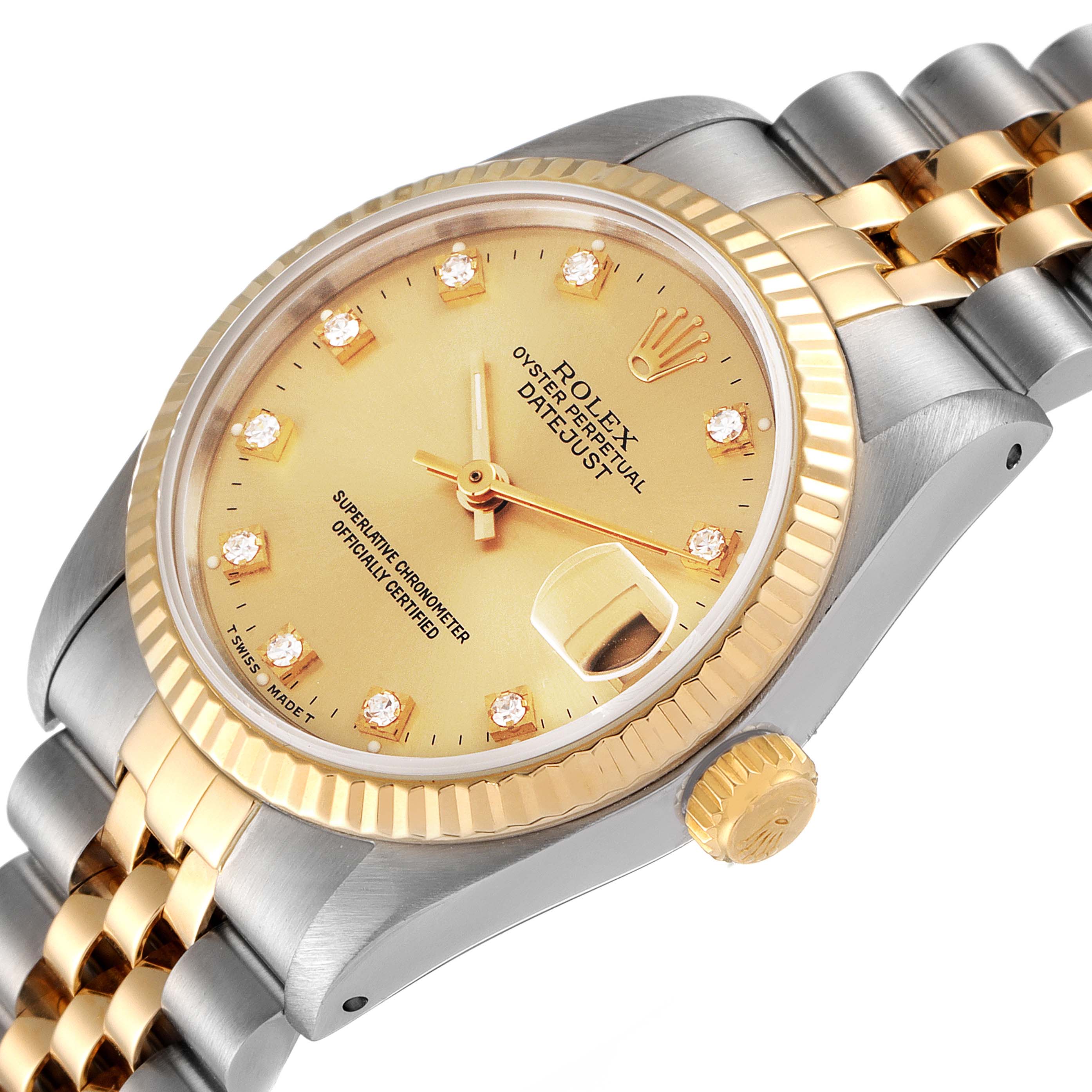 The Rolex Mid-Size 68273 Women
s Steel and Gold (two tone) Champagne Dial 68273 Women
s Steel and Gold (two tone) Champagne Dial Datejust watch is shown at an angled view, displaying the face, bezel, crown, and part of the bracelet.