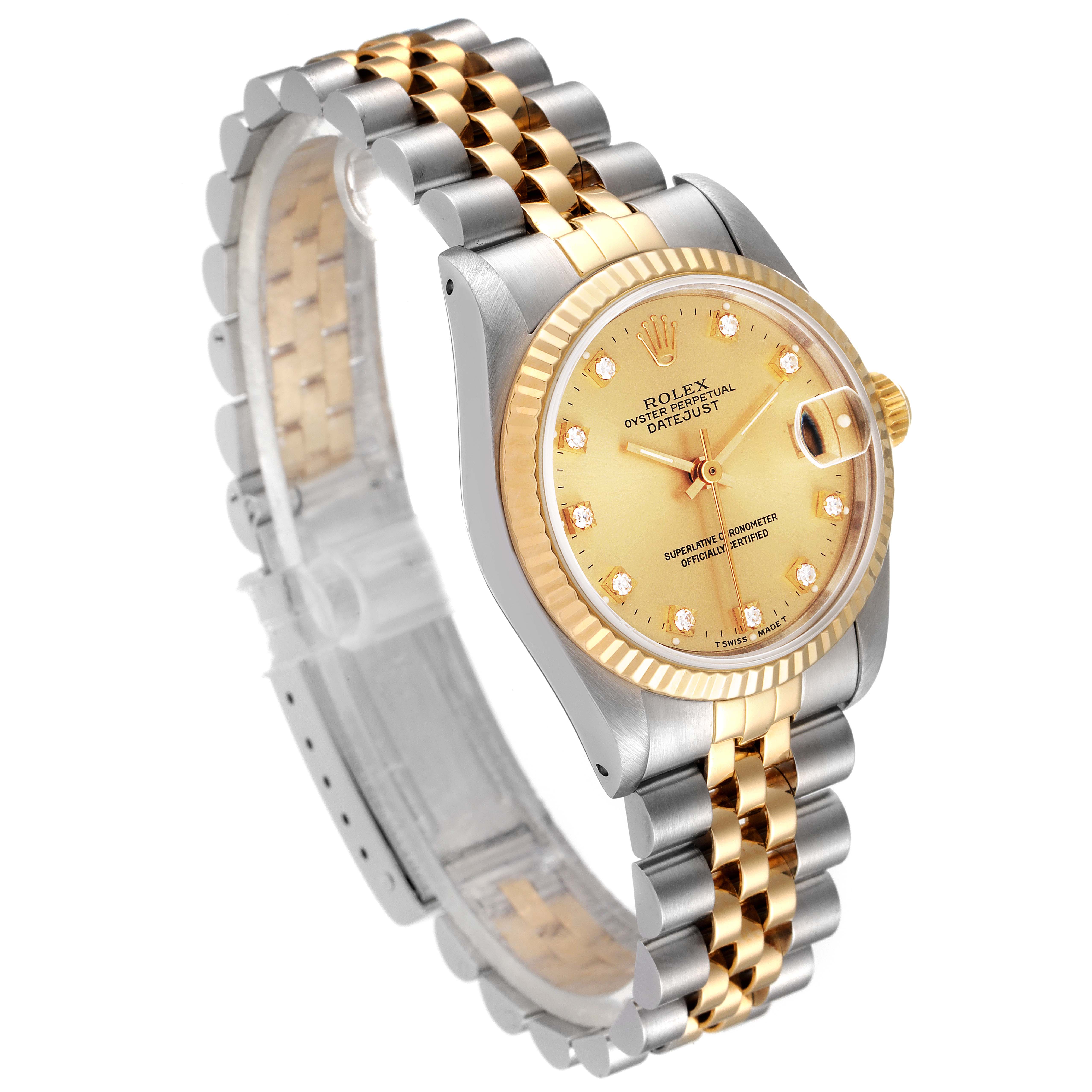 The Rolex Mid-Size 68273 Women
s Steel and Gold (two tone) Champagne Dial 68273 Women
s Steel and Gold (two tone) Champagne Dial Datejust watch is shown at a front-left angle, highlighting the dial, bezel, and jubilee bracelet.