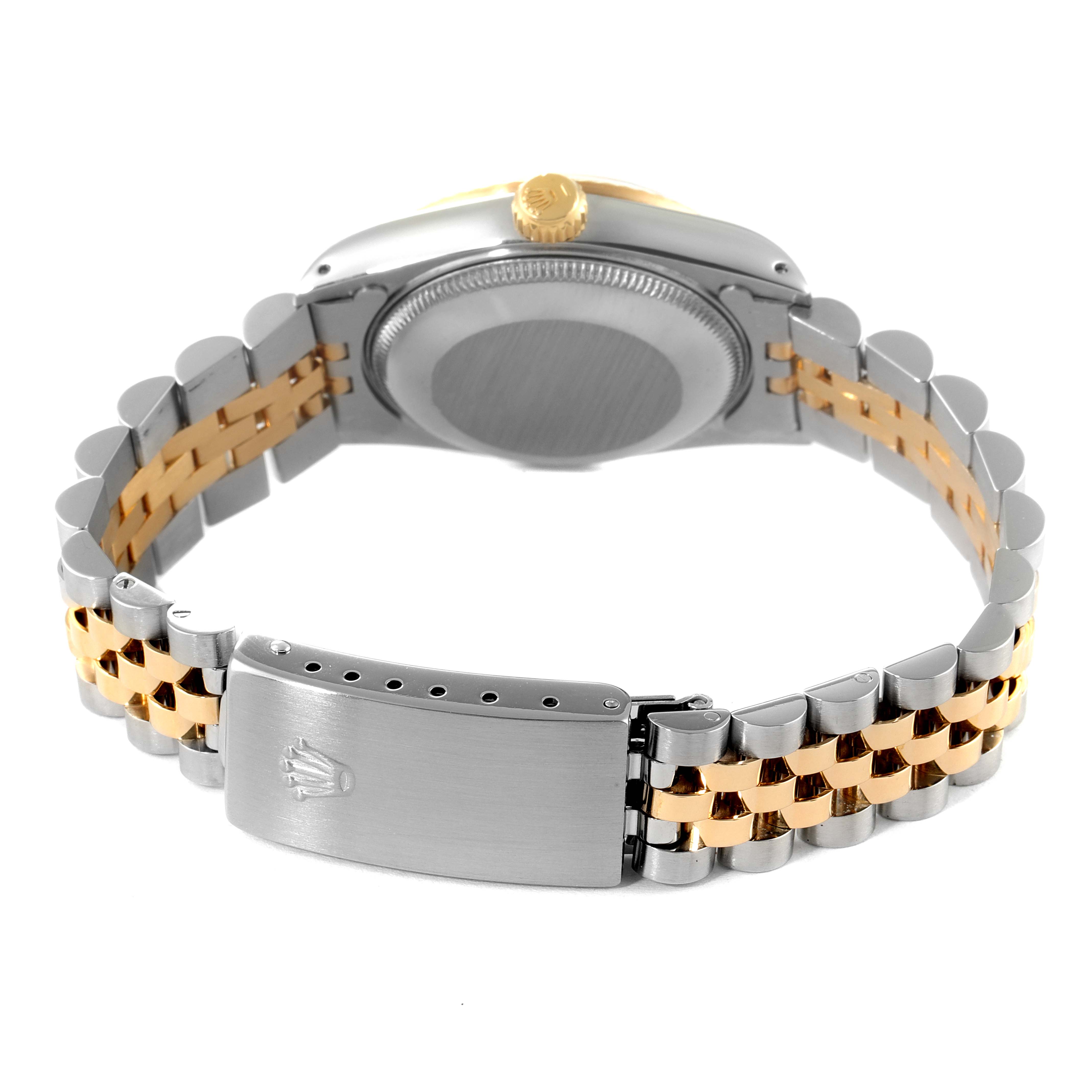 The image shows the back of a Rolex Mid-Size 68273 Women
s Steel and Gold (two tone) Champagne Dial 68273 Women
s Steel and Gold (two tone) Champagne Dial watch, focusing on the bracelet and clasp.