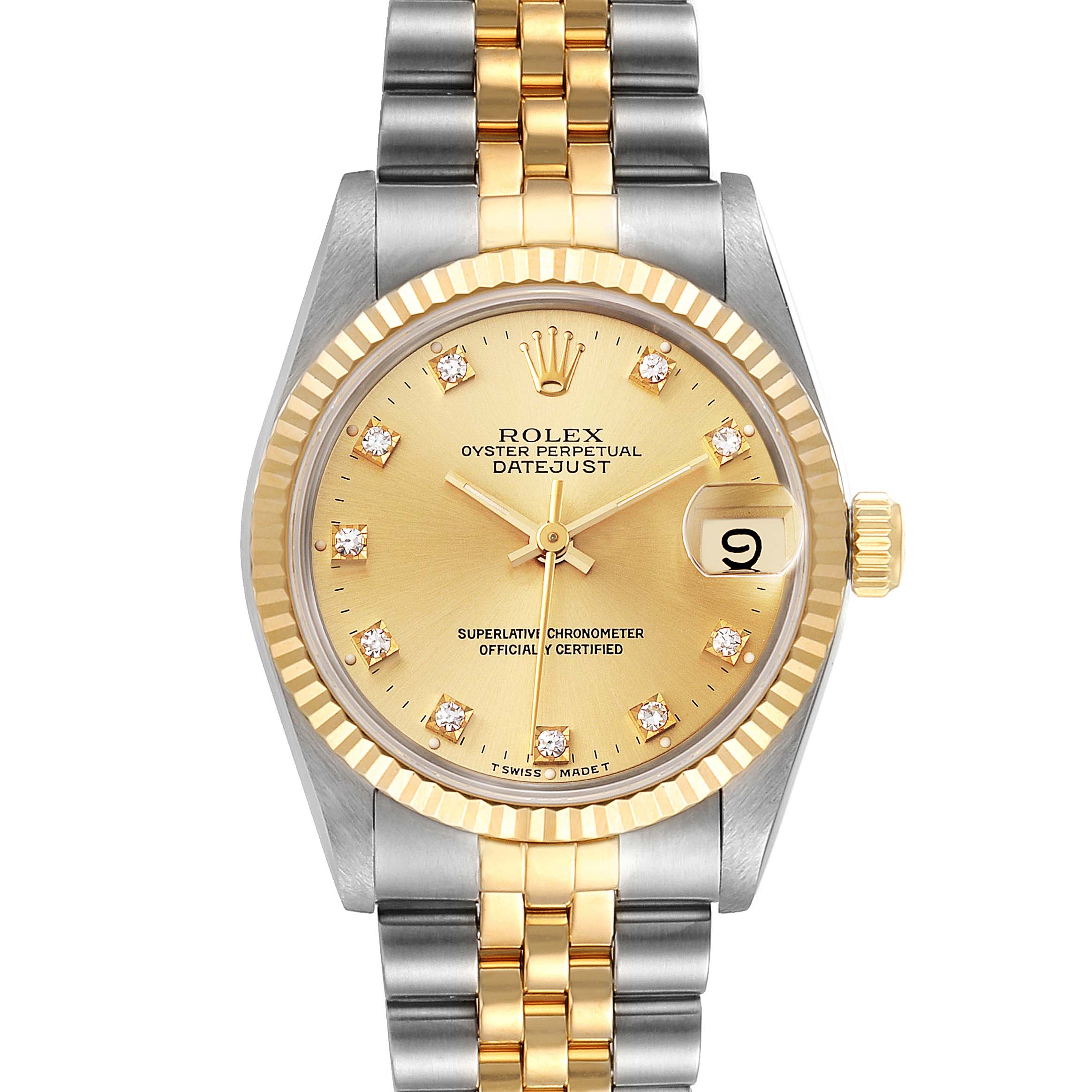 The image shows a front view of a Rolex Mid-Size 68273 Women
s Steel and Gold (two tone) Champagne Dial 68273 Women
s Steel and Gold (two tone) Champagne Dial Datejust watch, featuring a two-tone bracelet, gold dial, and date window.