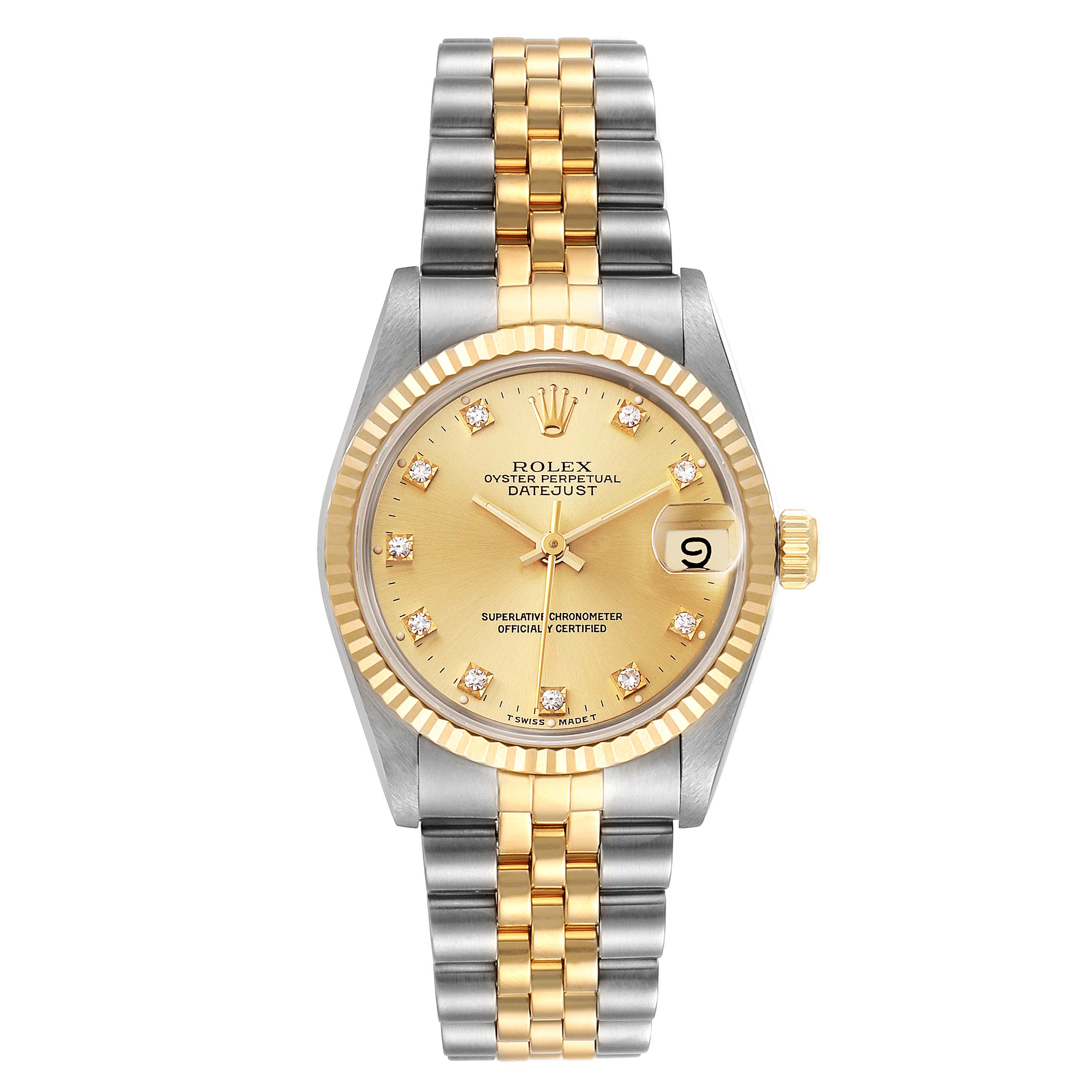 The image shows a front view of a Mid-Size Rolex Oyster Perpetual Datejust with a two-tone gold and silver bracelet.
