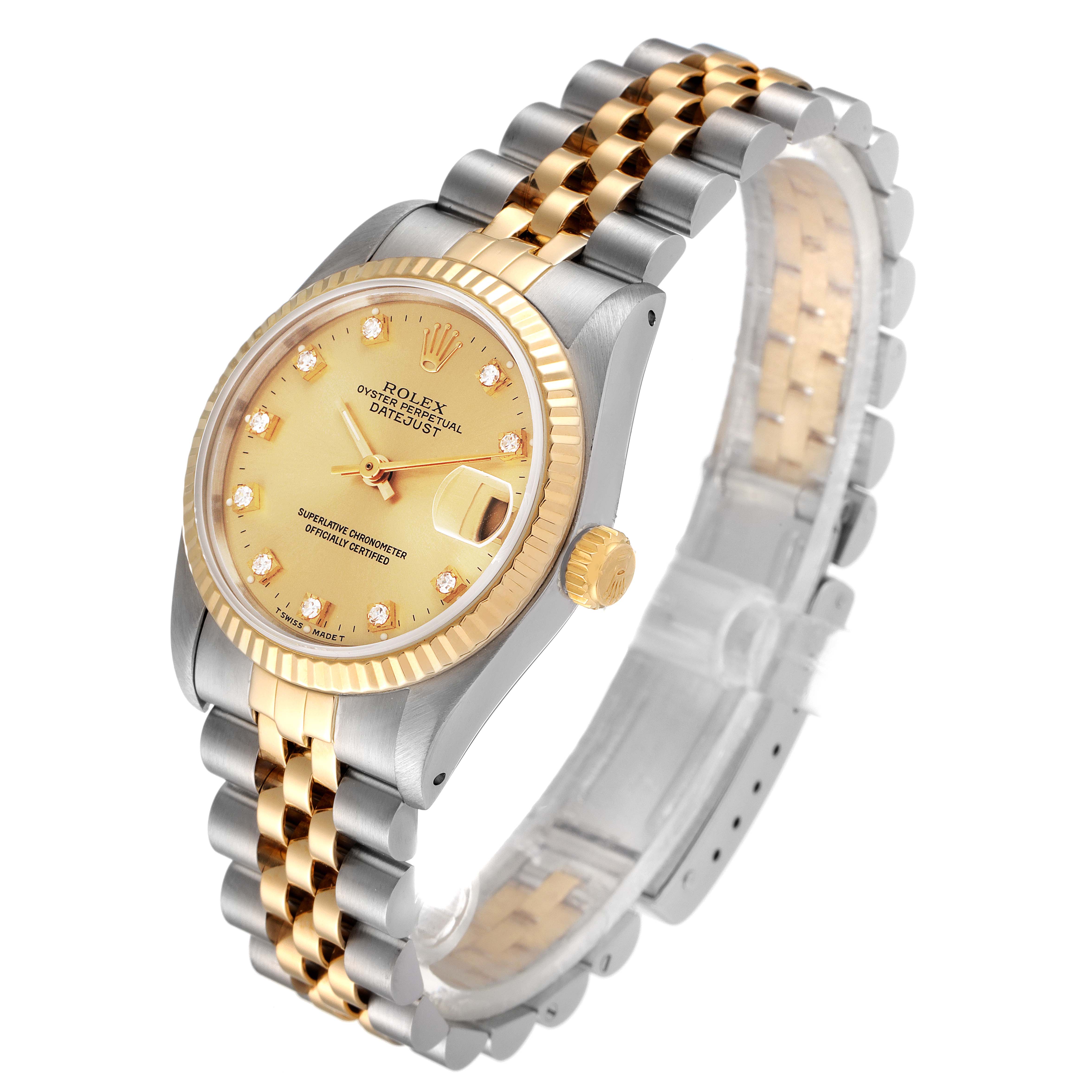 This image shows a Rolex Mid-Size 68273 Women
s Steel and Gold (two tone) Champagne Dial 68273 Women
s Steel and Gold (two tone) Champagne Dial Datejust watch at a three-quarter angle, highlighting its gold and stainless steel bracelet and diamond hour markers.