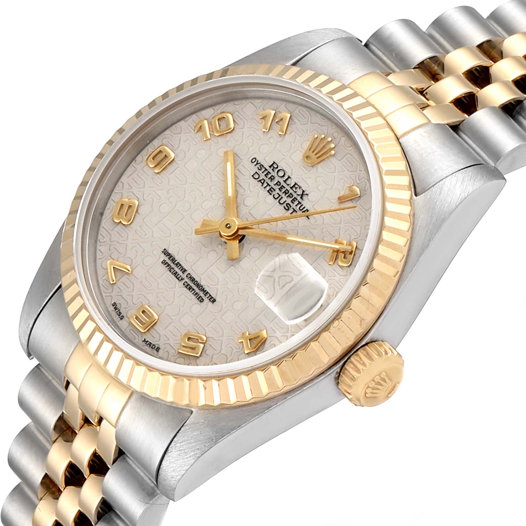 The image shows a Rolex Mid-Size 68273 Women's Steel and Gold (two tone) Beige Dial 68273 Women's Steel and Gold (two tone) Beige Dial Datejust watch at a slight angled view, highlighting the dial, bezel, crown, and part of the bracelet.