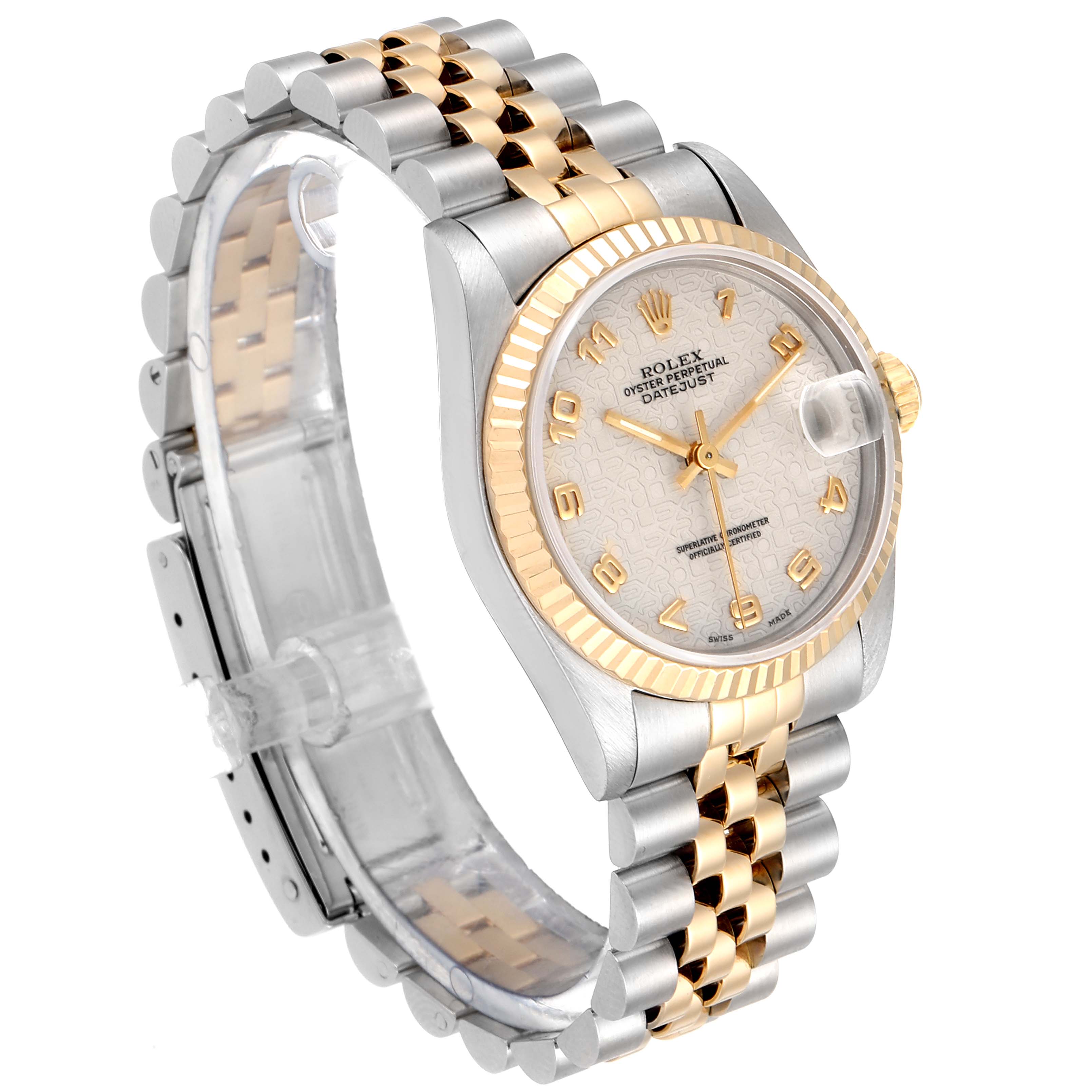 The image shows a Mid-Size Rolex Datejust watch at an angle highlighting its face, bezel, and two-tone bracelet.