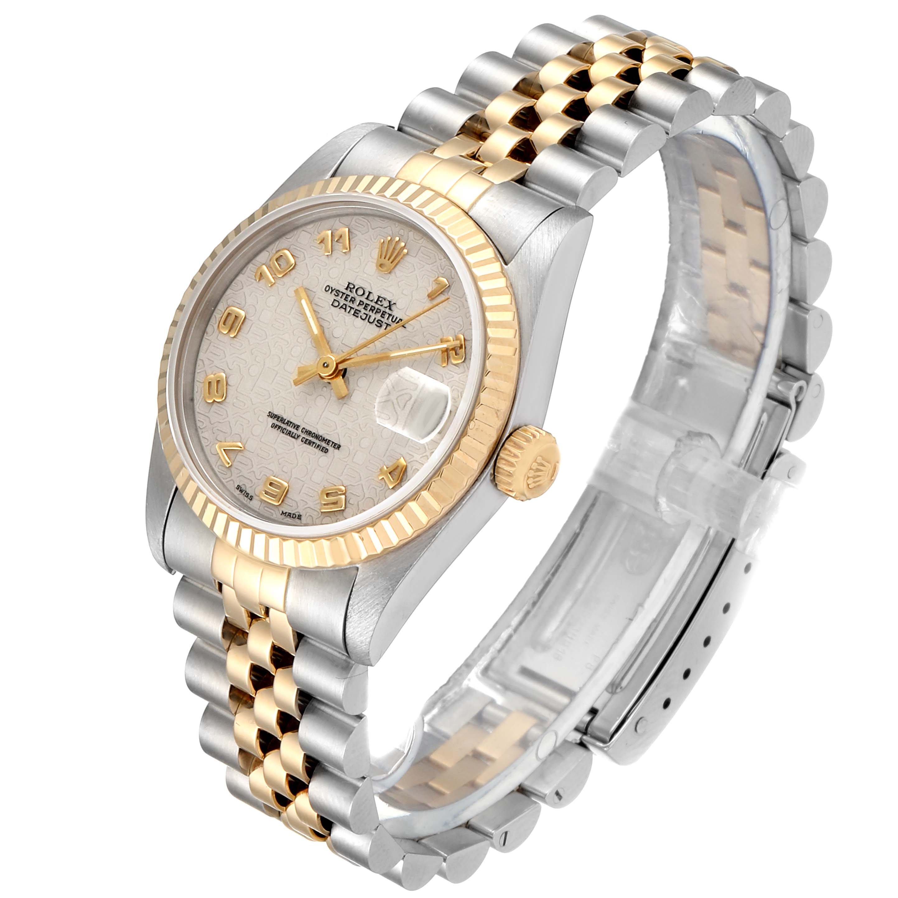 The Rolex Mid-Size 68273 Women's Steel and Gold (two tone) Beige Dial 68273 Women's Steel and Gold (two tone) Beige Dial model is shown at a three-quarter angle, displaying the face, bezel, dial, and jubilee bracelet.