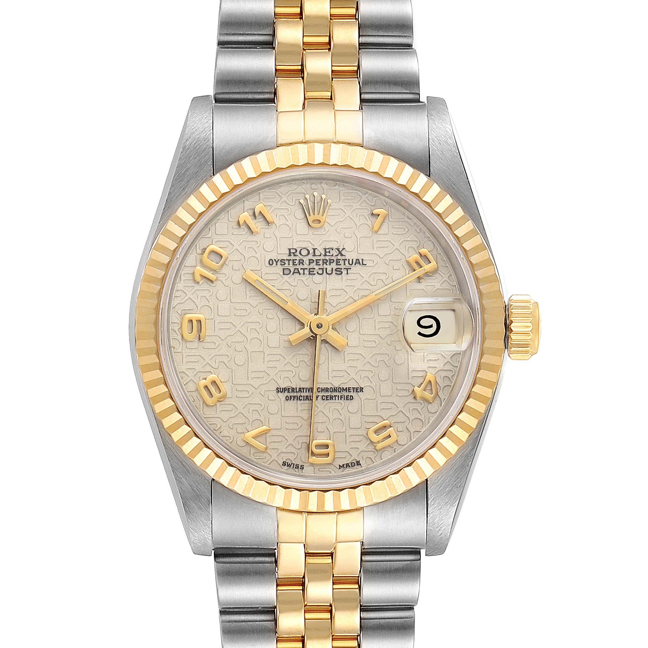 The Rolex Mid-Size 68273 Women's Steel and Gold (two tone) Beige Dial 68273 Women's Steel and Gold (two tone) Beige Dial model watch is shown from the front, displaying the dial, bezel, crown, and the two-tone bracelet.
