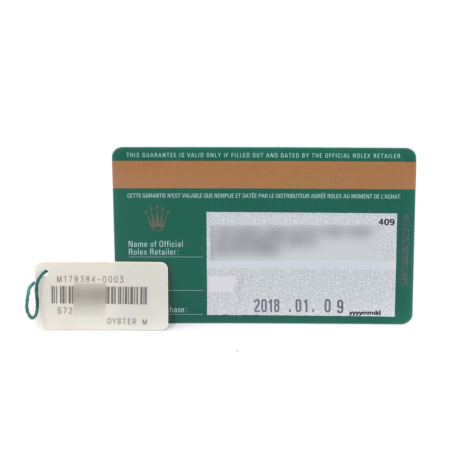 This image shows the Rolex Mid-Size 178384 Women
s Stainless Steel Silver Dial 178384 Women
s Stainless Steel Silver Dial model
s warranty card and a tag with the model number and details.