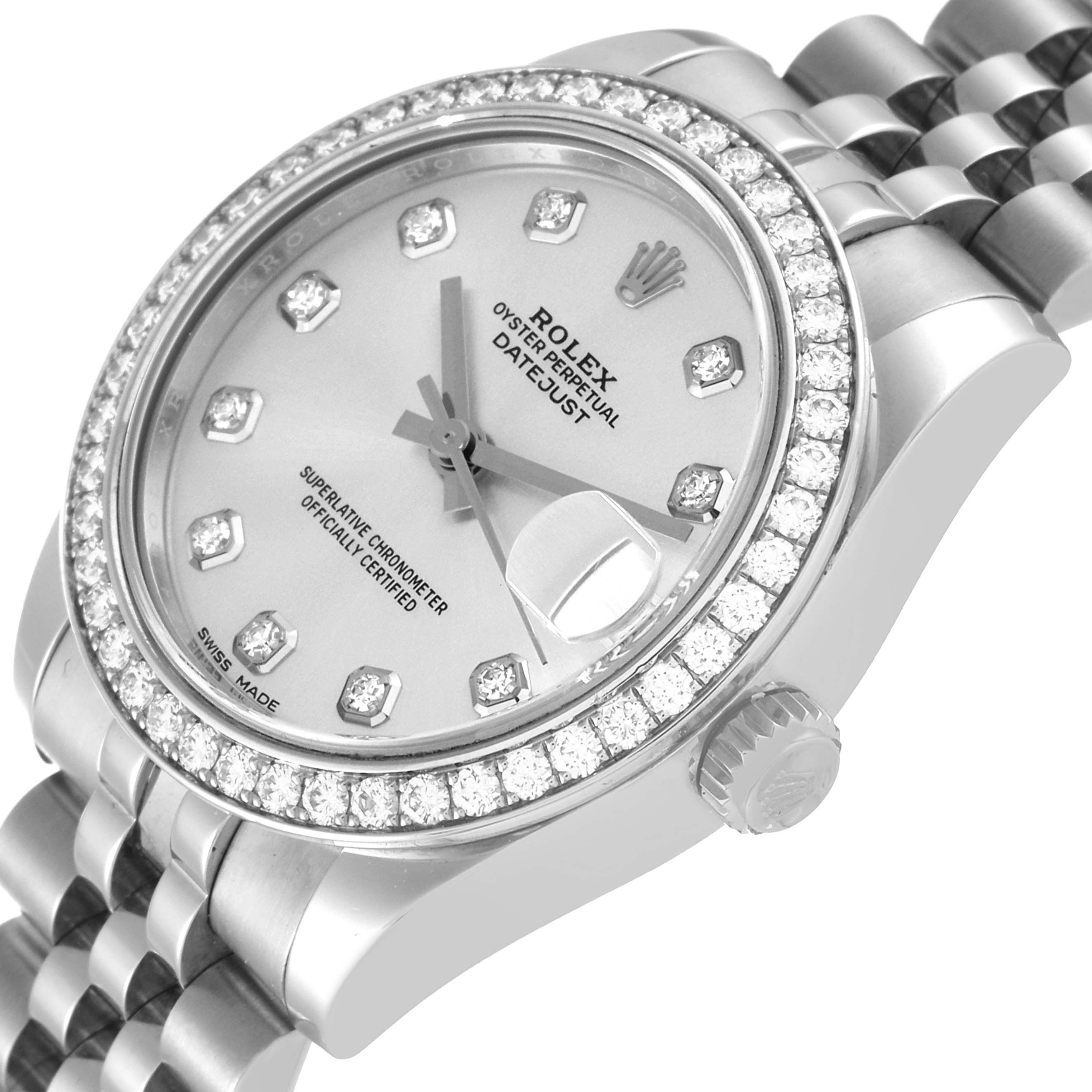 The image shows a close-up view of a Rolex Mid-Size 178384 Women
s Stainless Steel Silver Dial 178384 Women
s Stainless Steel Silver Dial Oyster Perpetual Datejust watch, emphasizing the dial, bezel, and part of the bracelet.