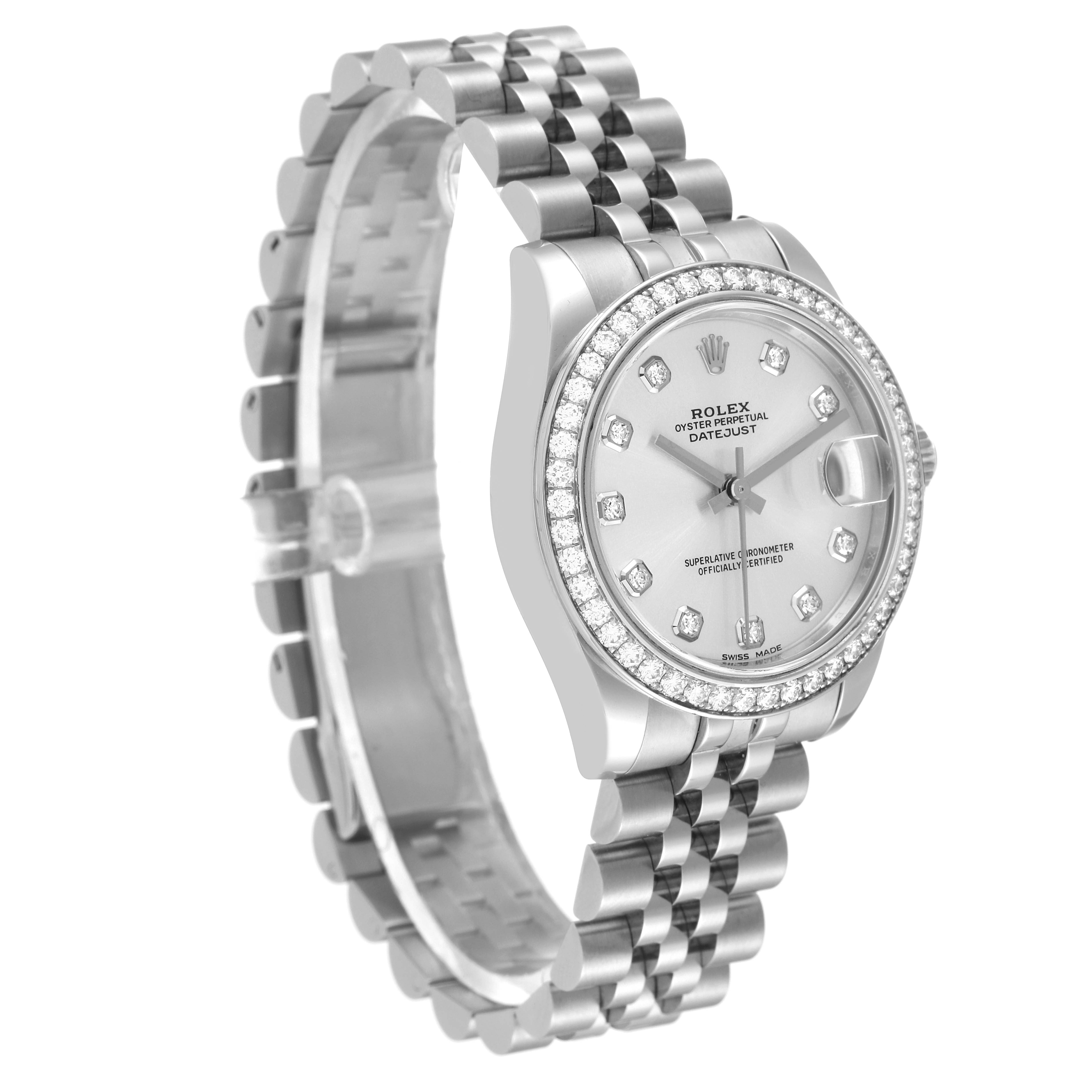 This image shows a side angle of a Rolex Mid-Size 178384 Women
s Stainless Steel Silver Dial 178384 Women
s Stainless Steel Silver Dial Datejust watch, highlighting the face, bezel, and bracelet.