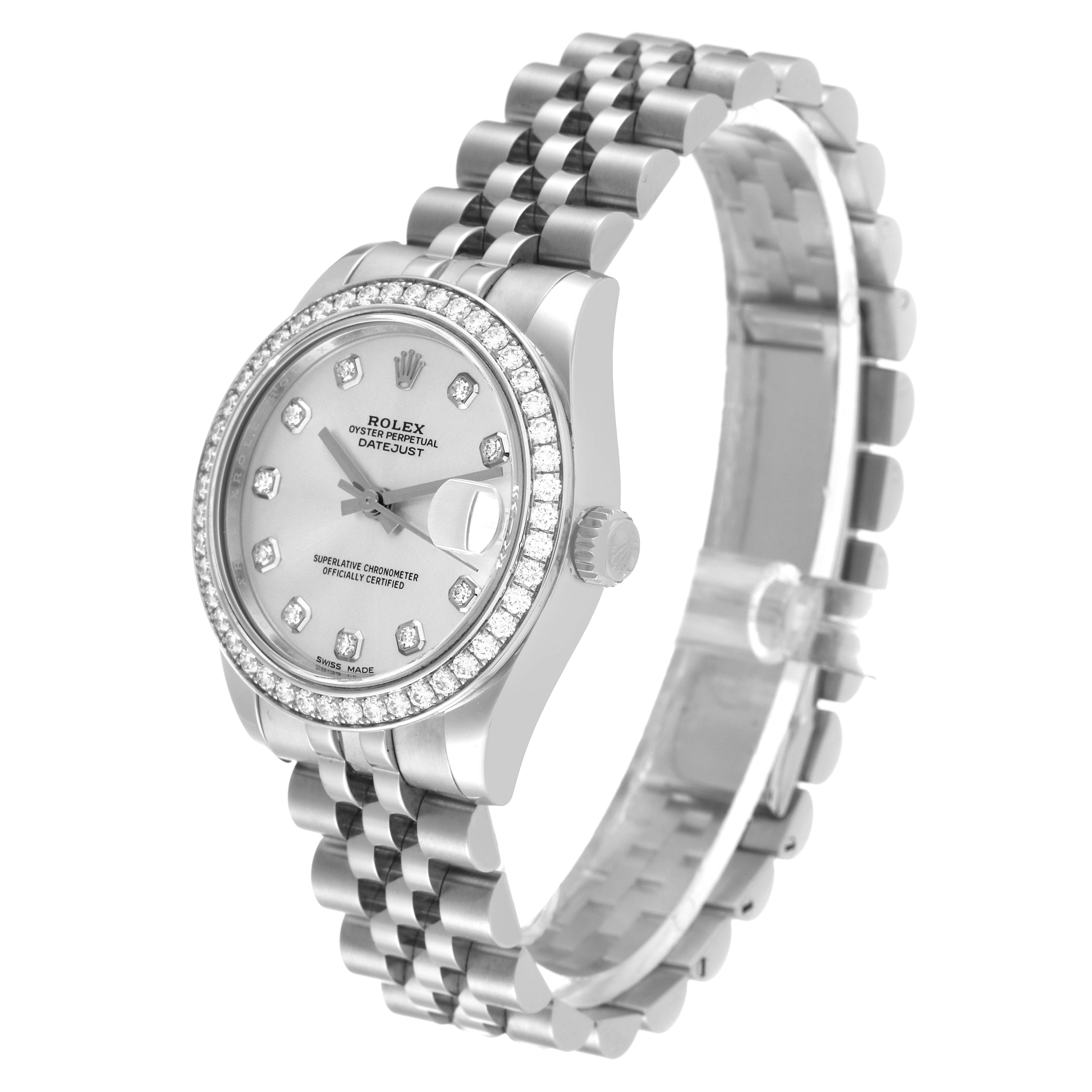 This image shows a side profile of a Rolex Datejust Mid-Size watch, highlighting its bezel, case, dial, crown, and bracelet.