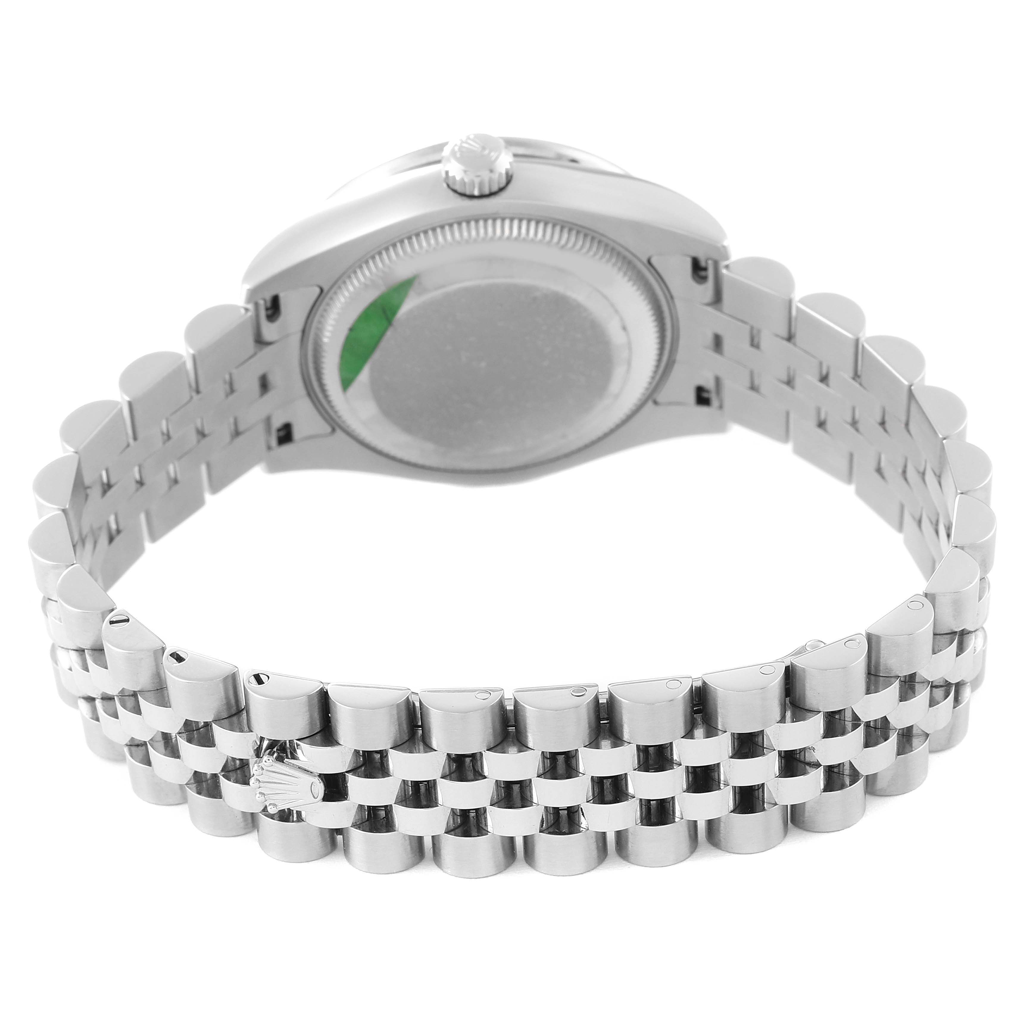 The image shows the back view of a Mid-Size Rolex watch, highlighting the case back and bracelet.