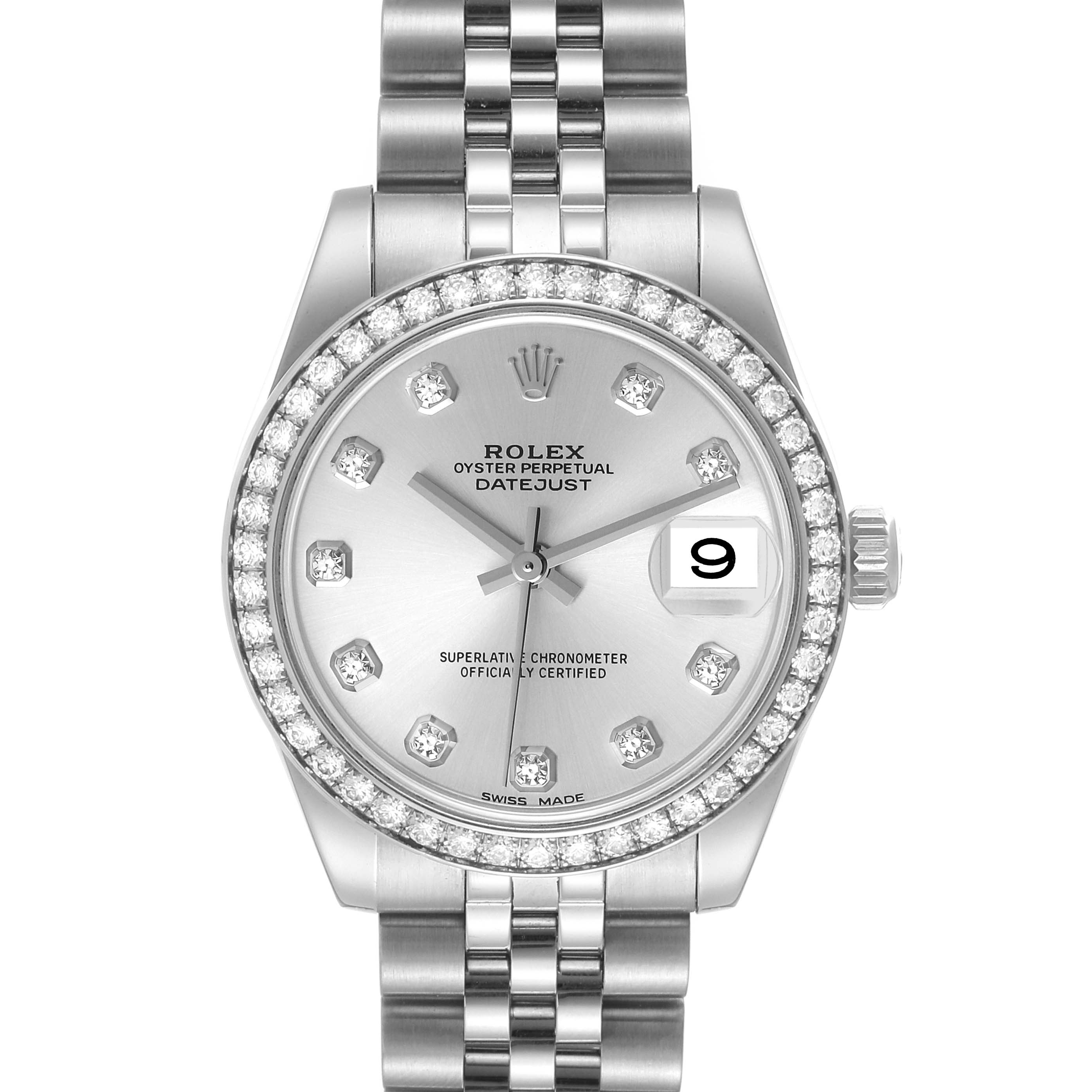 The image shows a front view of the Rolex Mid-Size 178384 Women
s Stainless Steel Silver Dial 178384 Women
s Stainless Steel Silver Dial Datejust, featuring its dial, bezel, crown, and part of the bracelet.