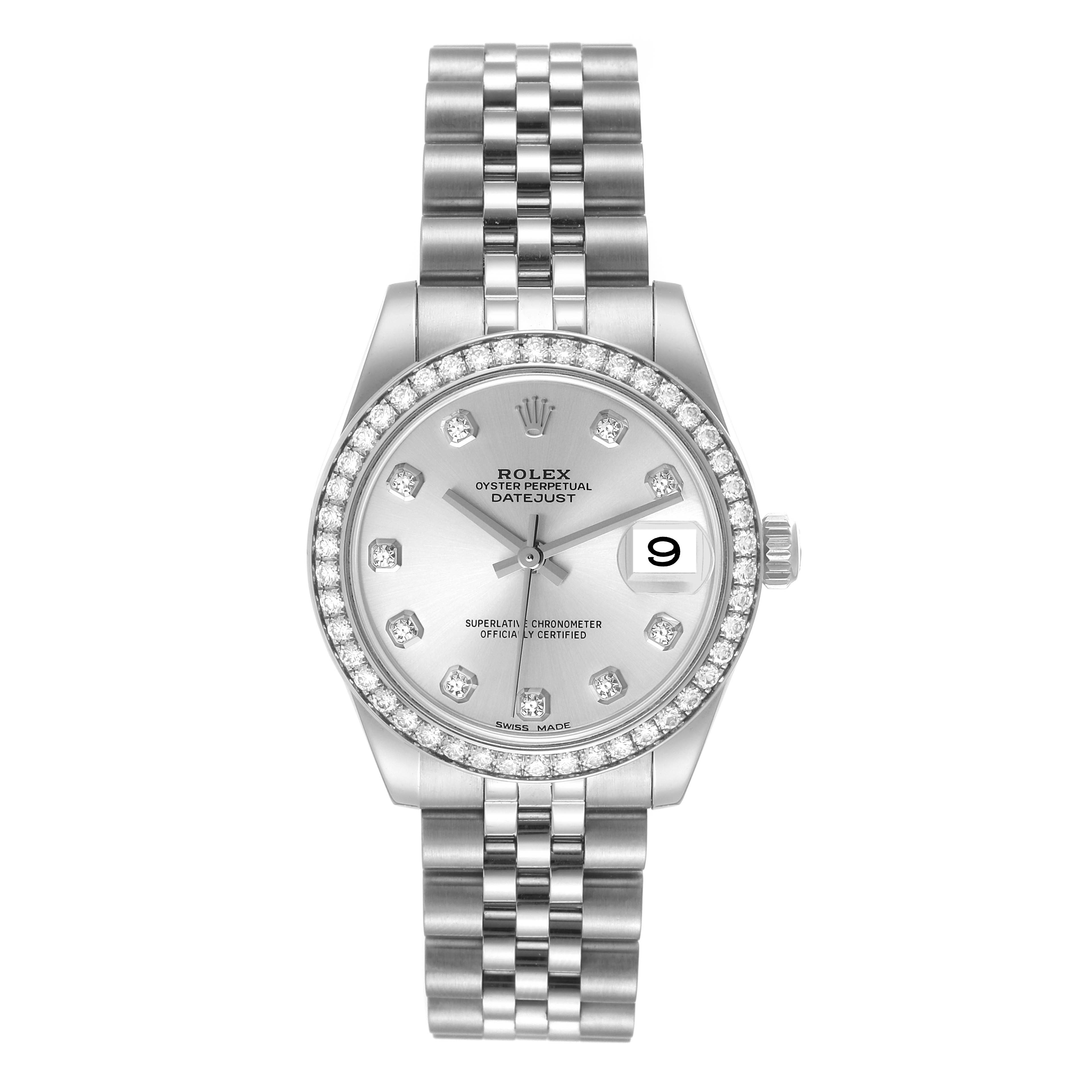 This image shows a Rolex Mid-Size 178384 Women
s Stainless Steel Silver Dial 178384 Women
s Stainless Steel Silver Dial Oyster Perpetual Datejust watch from a straight-on angle, highlighting the face, bezel, and bracelet.