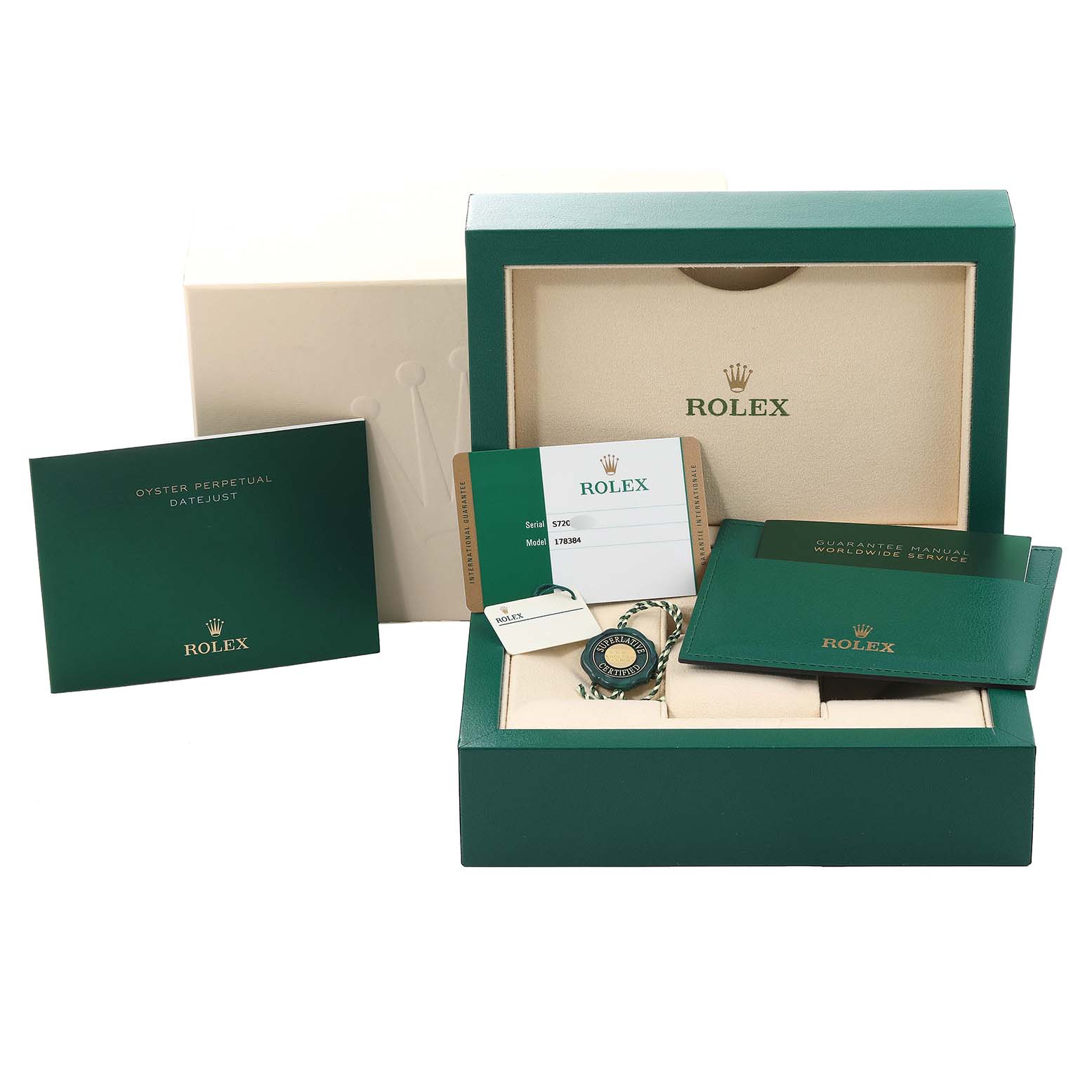 The image shows the packaging, guarantee manual, Best Quality
ity card, and tags of the Rolex Mid-Size 178384 Women
s Stainless Steel Silver Dial 178384 Women
s Stainless Steel Silver Dial Oyster Perpetual Datejust.