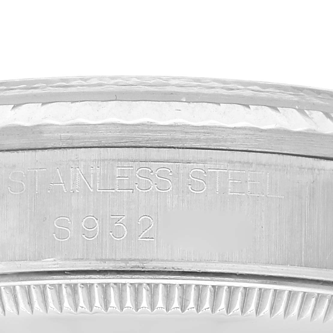 The image shows a detailed close-up of the side of a stainless steel Rolex Mid-Size 68274 Women
s Stainless Steel Pink Dial 68274 Women
s Stainless Steel Pink Dial watch, highlighting the model number "S932."