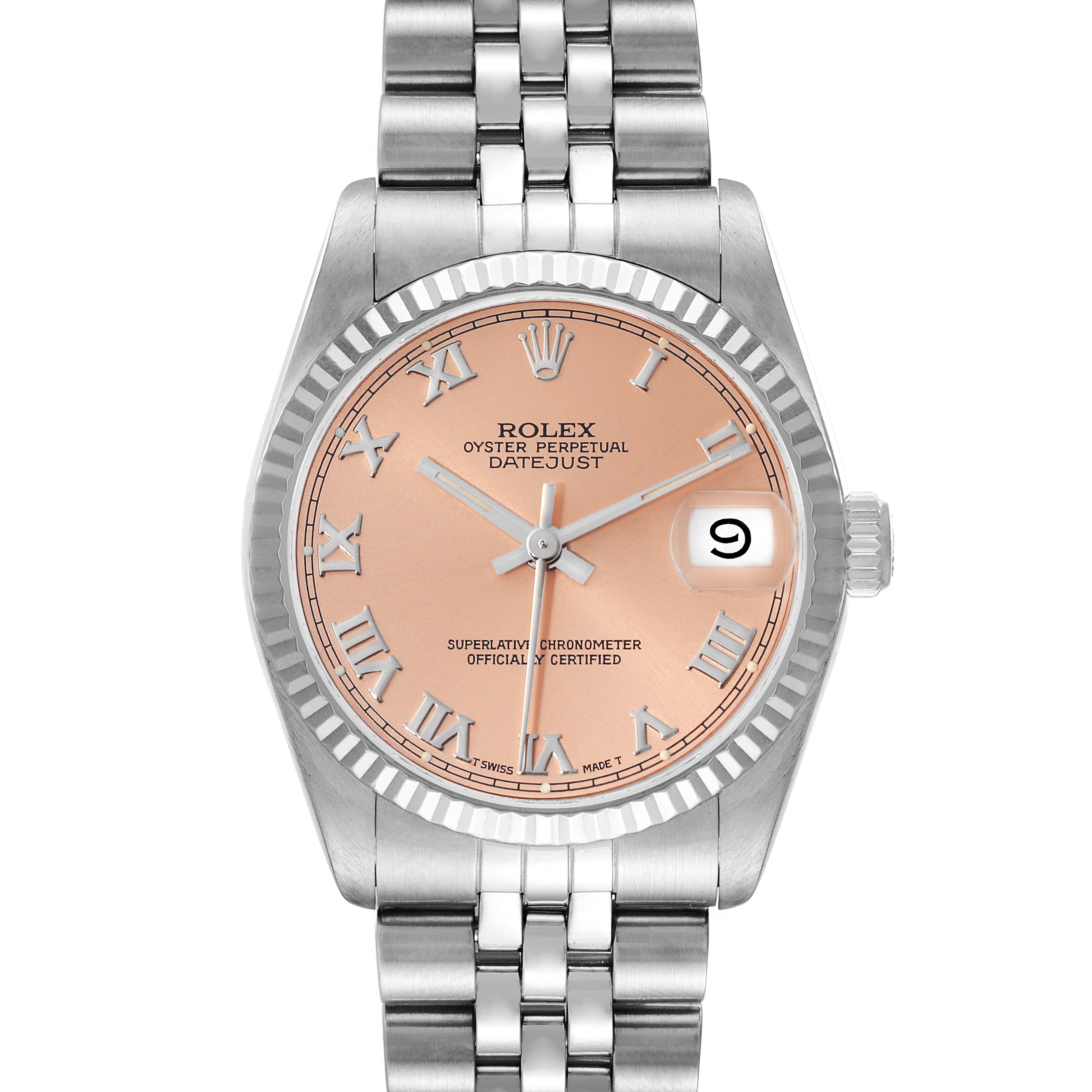 This image shows a front view of the Rolex Datejust Mid-Size watch, highlighting its pink dial, Roman numerals, and Jubilee bracelet.