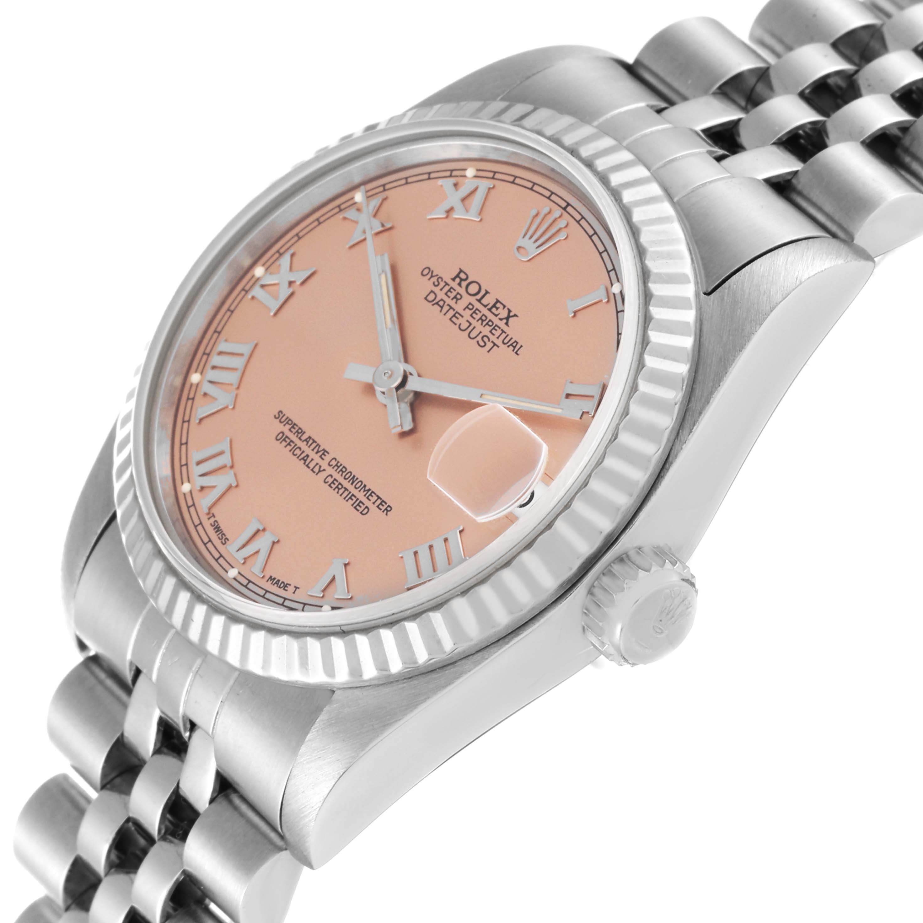 This image shows a side angle of the Rolex Mid-Size 68274 Women
s Stainless Steel Pink Dial 68274 Women
s Stainless Steel Pink Dial Datejust, highlighting its coral-pink dial, fluted bezel, and stainless steel bracelet.