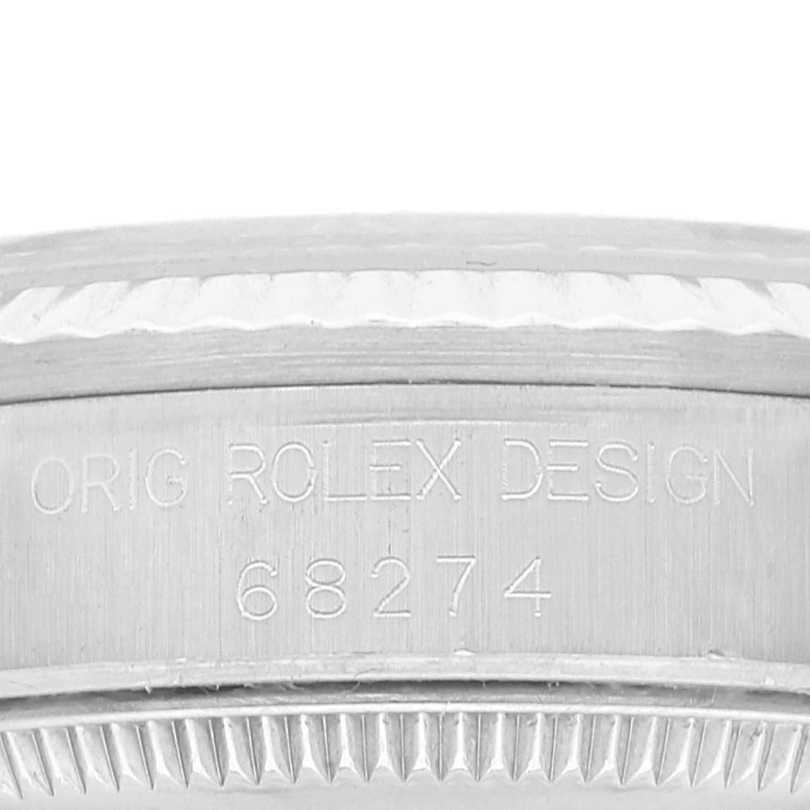 The image shows the side view of a mid-size Rolex watch case with the engraved model number 68274 and "Orig Rolex Design."